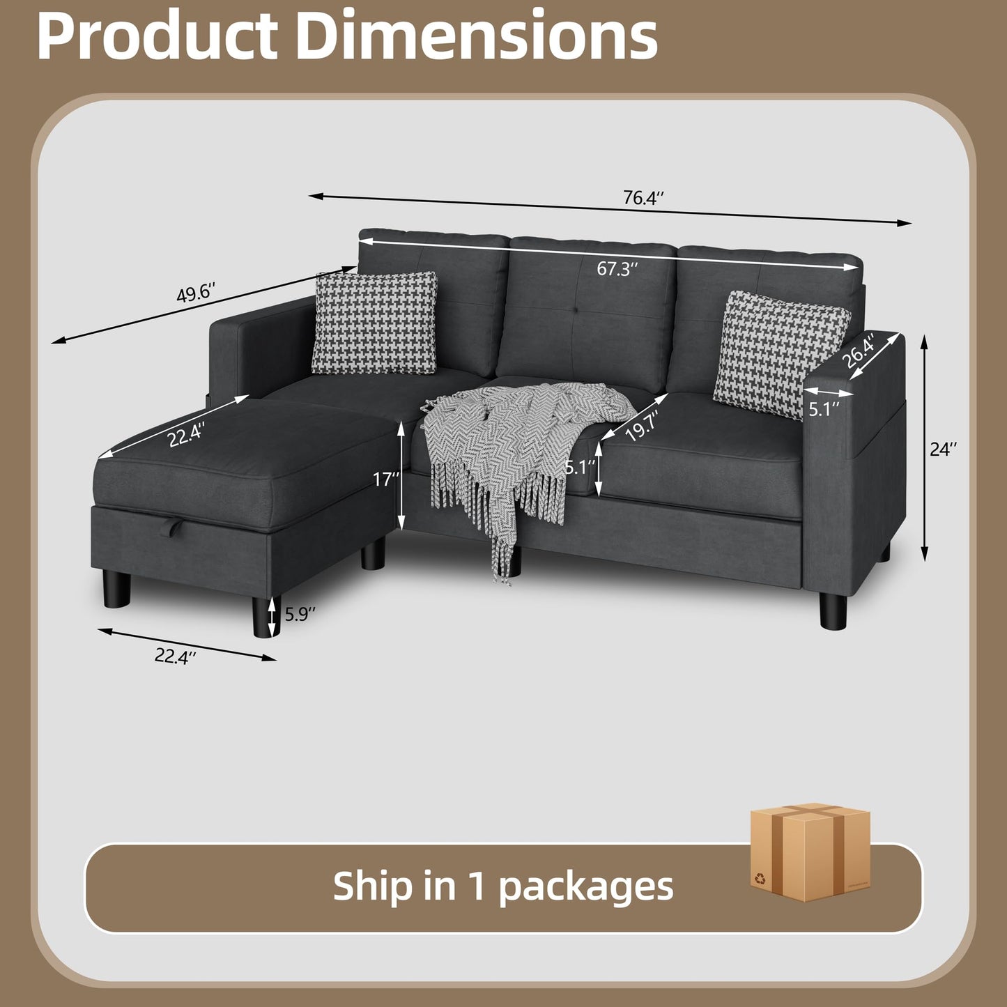 JAMFLY Convertible Sectional Couches for Living Room, L-Shaped Couch 3 Seat Sectional Sofa Set with Polyester Fabric and Movable Ottoman Small Couch for Apartments, Office, Black