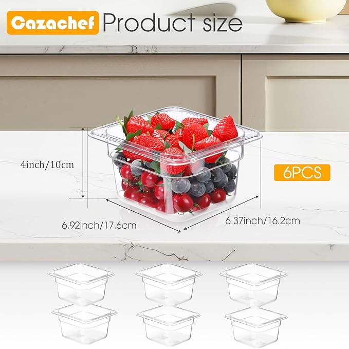 6 Pack 4'' Deep NSF Food Pans 1/6 Size | Commercial Food Storage Containers | Polycarbonate Plastic Pans for Restaurant Kitchen | Commercial Grade for Food Prep | Clear