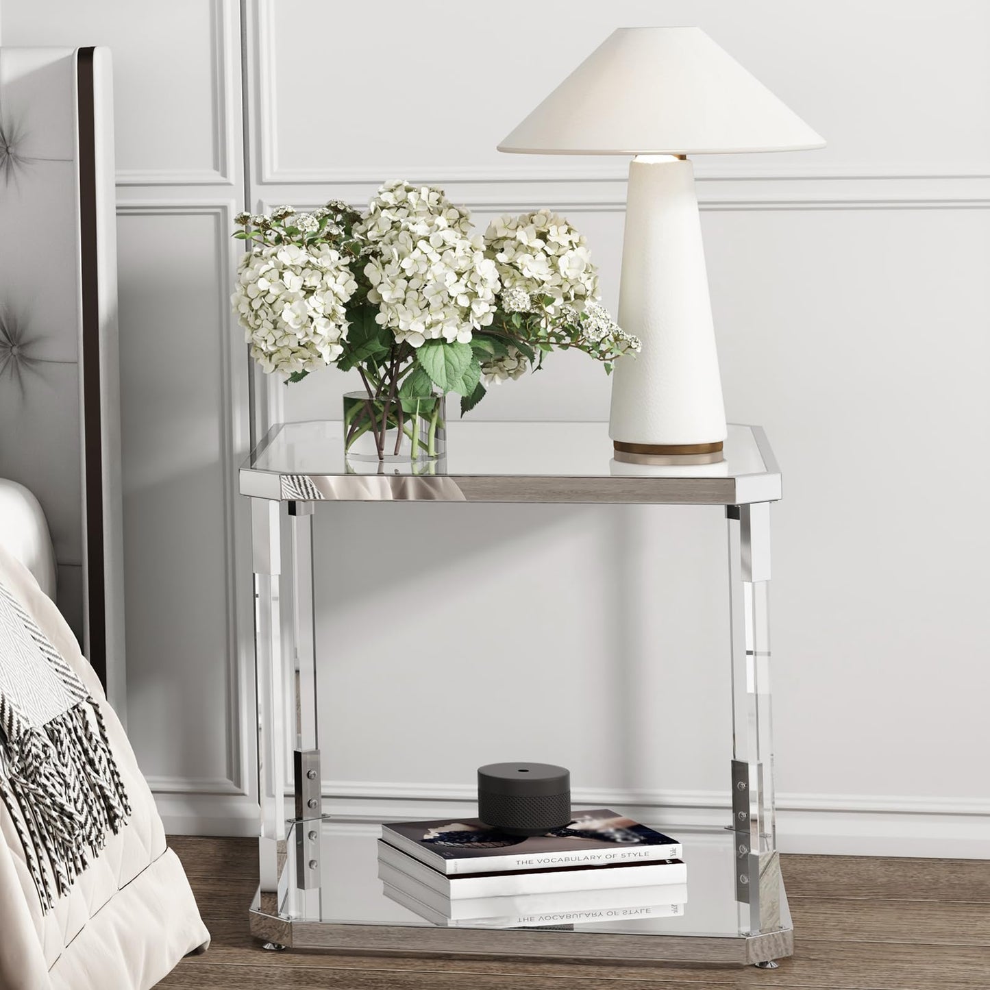 MINPINSER Glass Top Side Table - Silver Square Glass Top End Table Clear Acrylic Nightstand for Living Room Bedside Bedroom