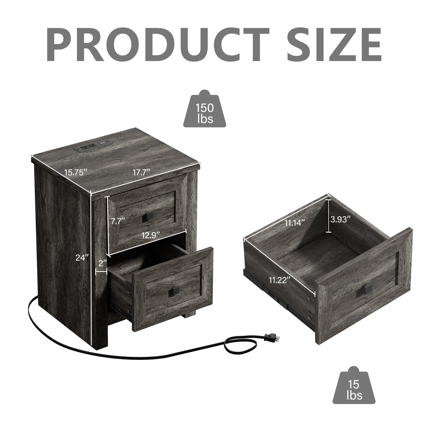 LUXOAK 3 Pieces Bedroom Sets, Includes Full Size Lift Up Storage Bed with Storage Headboard & Charging Station, 2 Drawers Farmhouse Nightstand Set of 2 with Charging Station, Rustic Grey