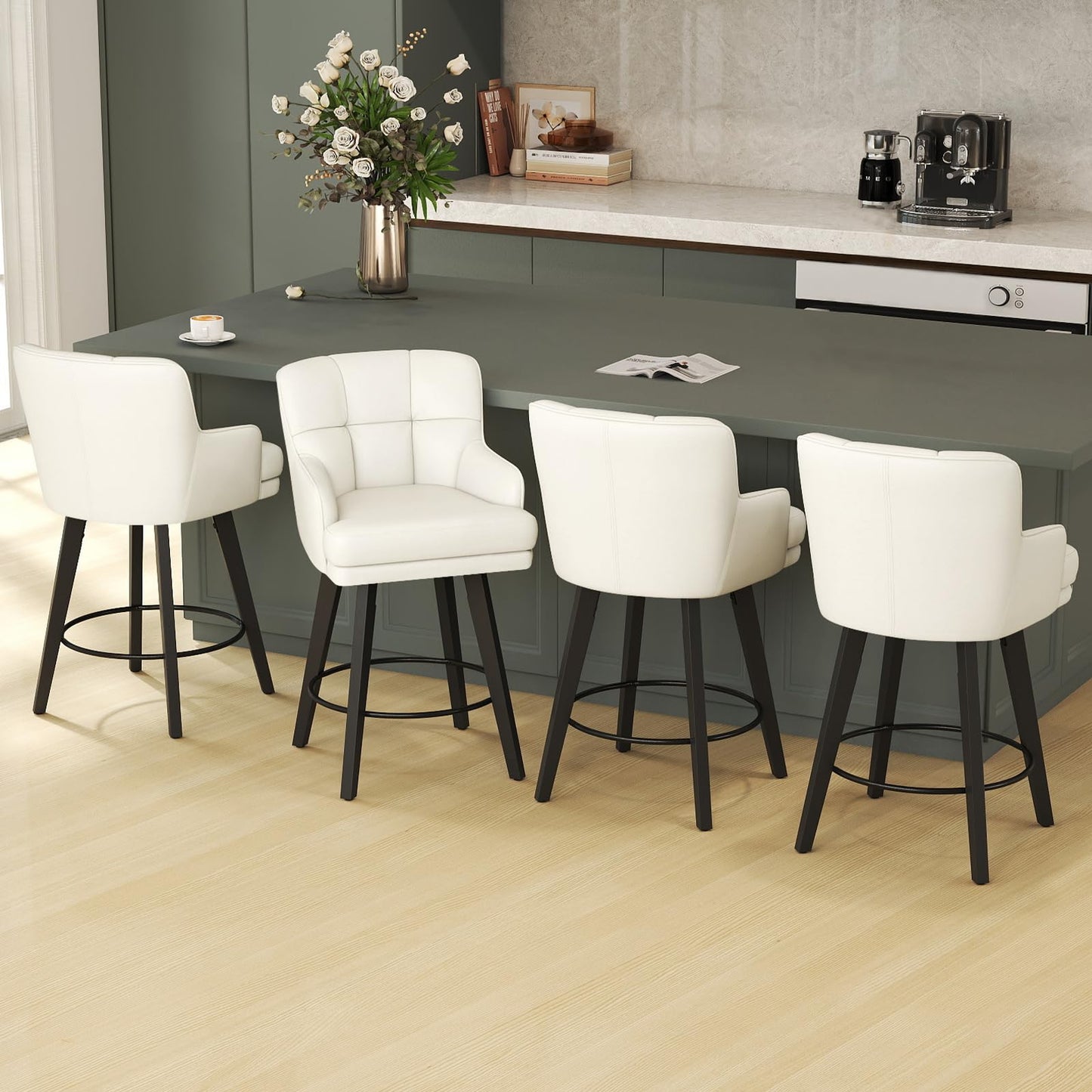SAECKBERG 360°Swivel Counter Height Bar Stools with Back, 26 inch Solid Wood Legs, Bar Stool Modern Kitchen Island Chairs, Faux Leather (Antique White- Faux Leather, 26" H- Set of 4)