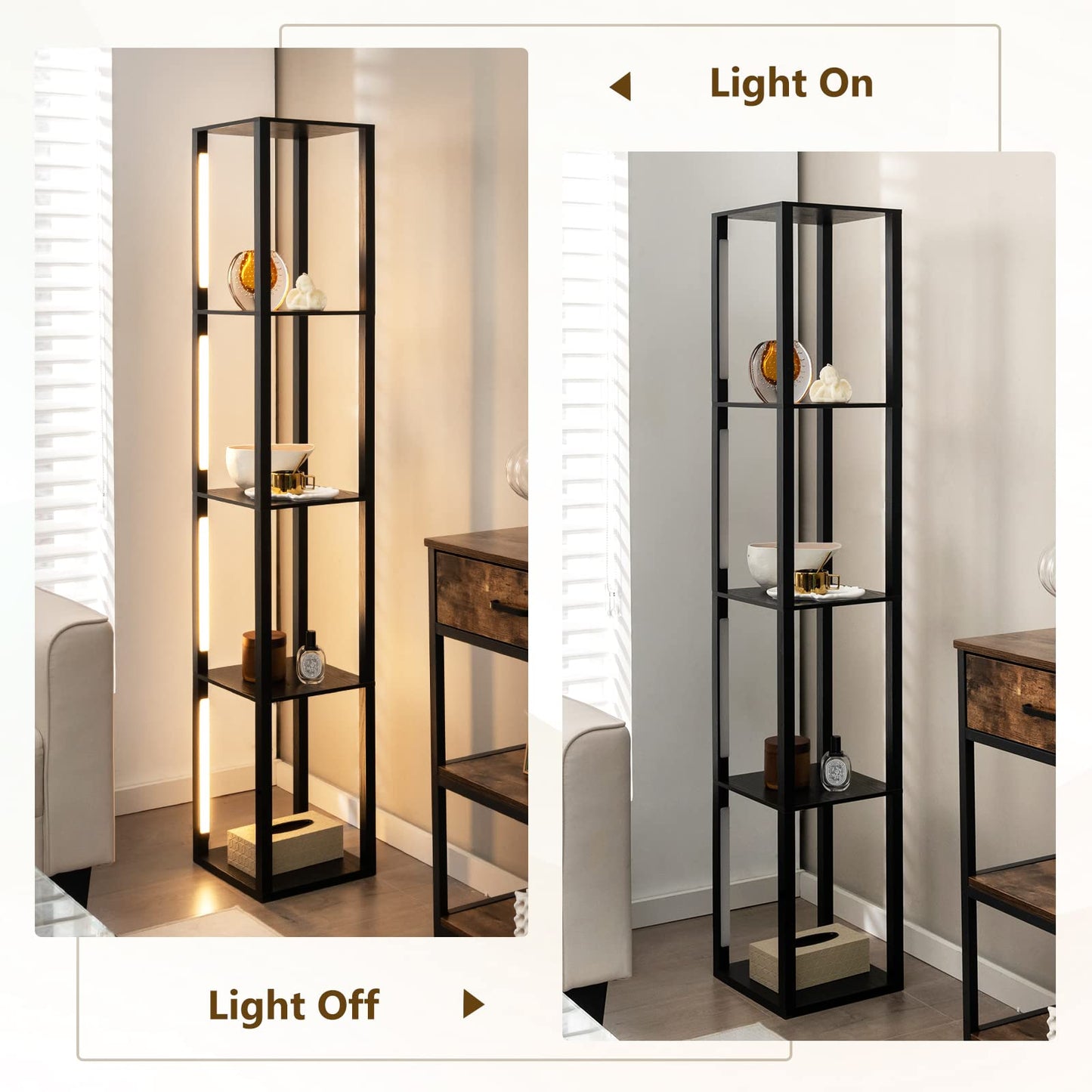 Tall Floor Lamp with Shelves, 3-Level Dimmable LED Light, Rotatable Poles, Foot Switch, 4-Tier Reading for Living Room, Bedroom, Office Decor