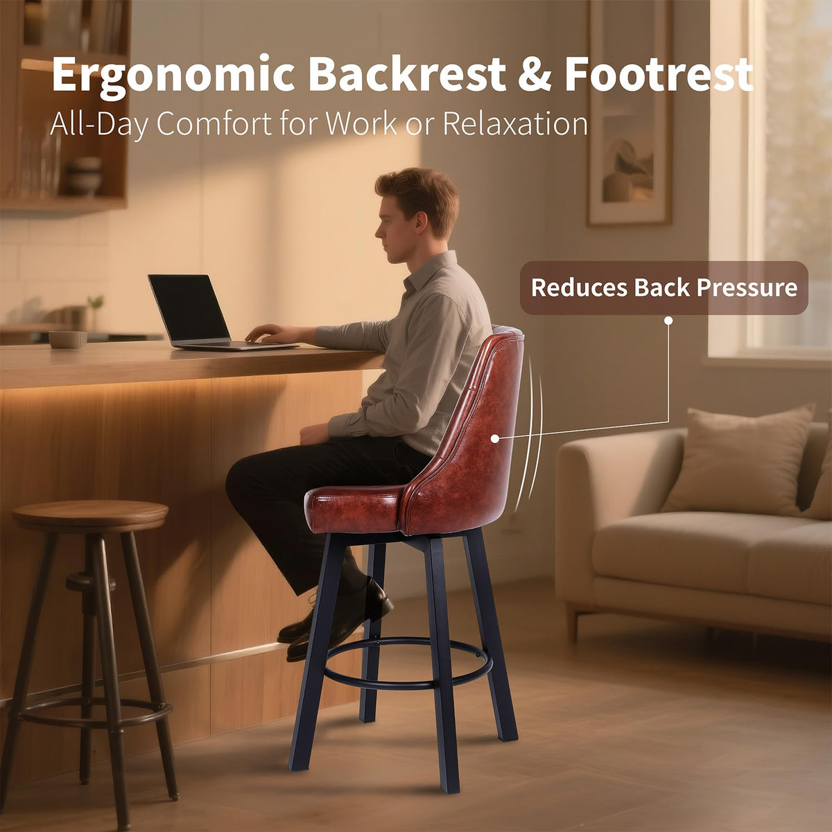 ralex-chair Swivel Counter Height Barstools Set of 4, 26’’H Modern Counter Stools with Metal Legs,Faux Leather Upholstered Bar Stools with Back for Kitchen Island, Dining Room, Pub - Brown
