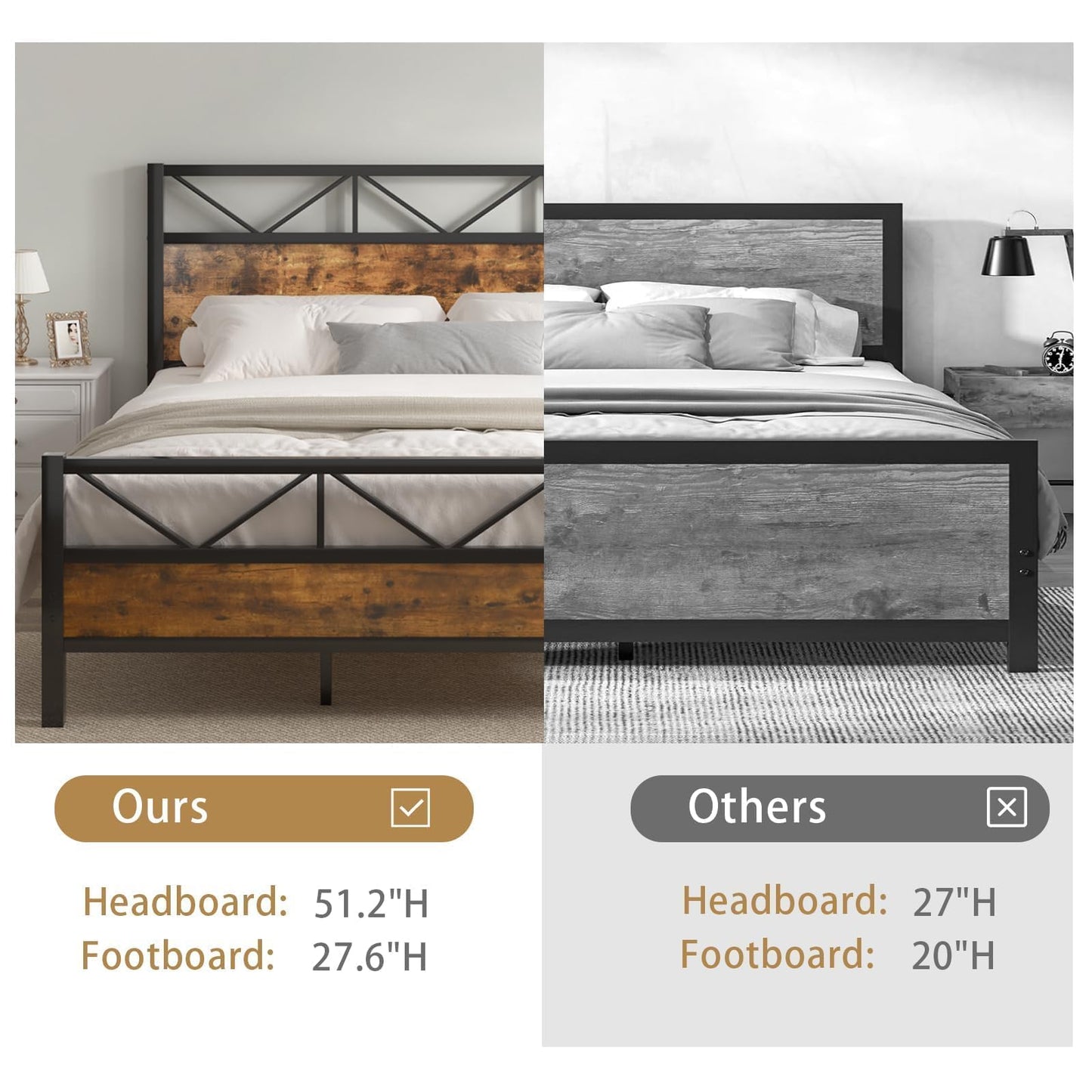 CHABUILDREARK King Size Bed Frame and 51.2" Tall Headboard, King Platform Bed Frame with Headboard, Heavy Duty Metal Slats Support, No Box Spring Needed, Noise-Free, Easy Assembly, Rustic Brown