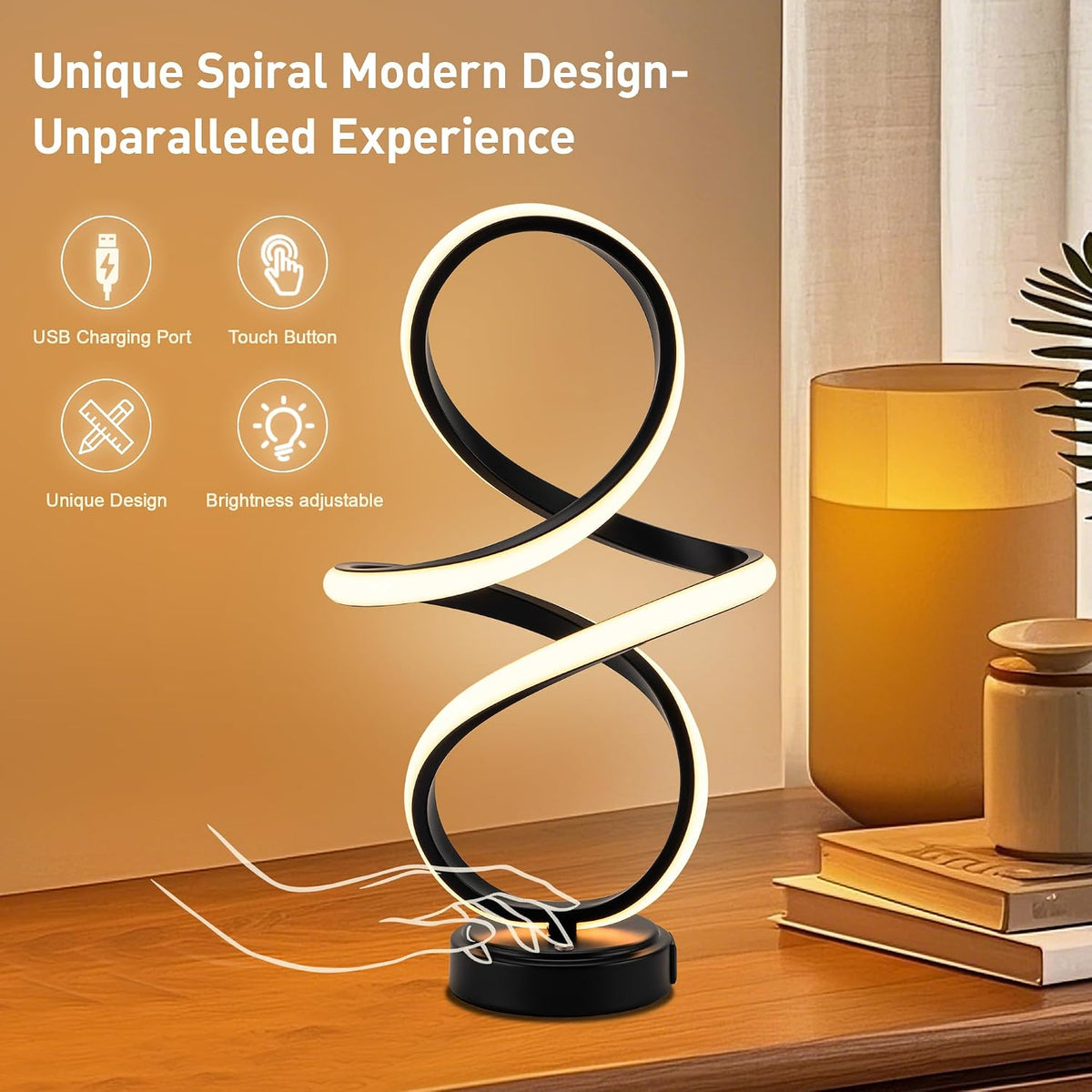 Modern Small Table Lamp with LED Spiral Design, 12W Black Nightstand Lamp