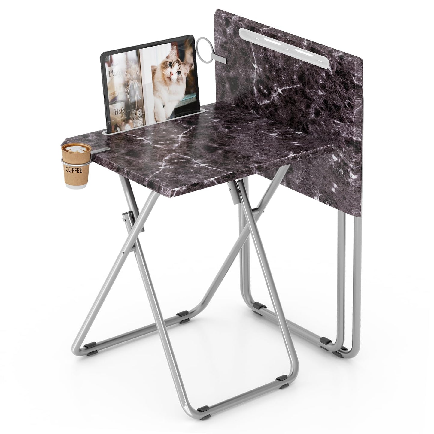 Fleecy day Folding TV Tray Table with Cup Holder, TV Dinner Table with Sturdy MDF Top, Eating Trays with Tablet Slot for Living Room, Bedroom, Sofa, 15 x 18.9 x 25.6 in (Black Marble, 2Pcs)