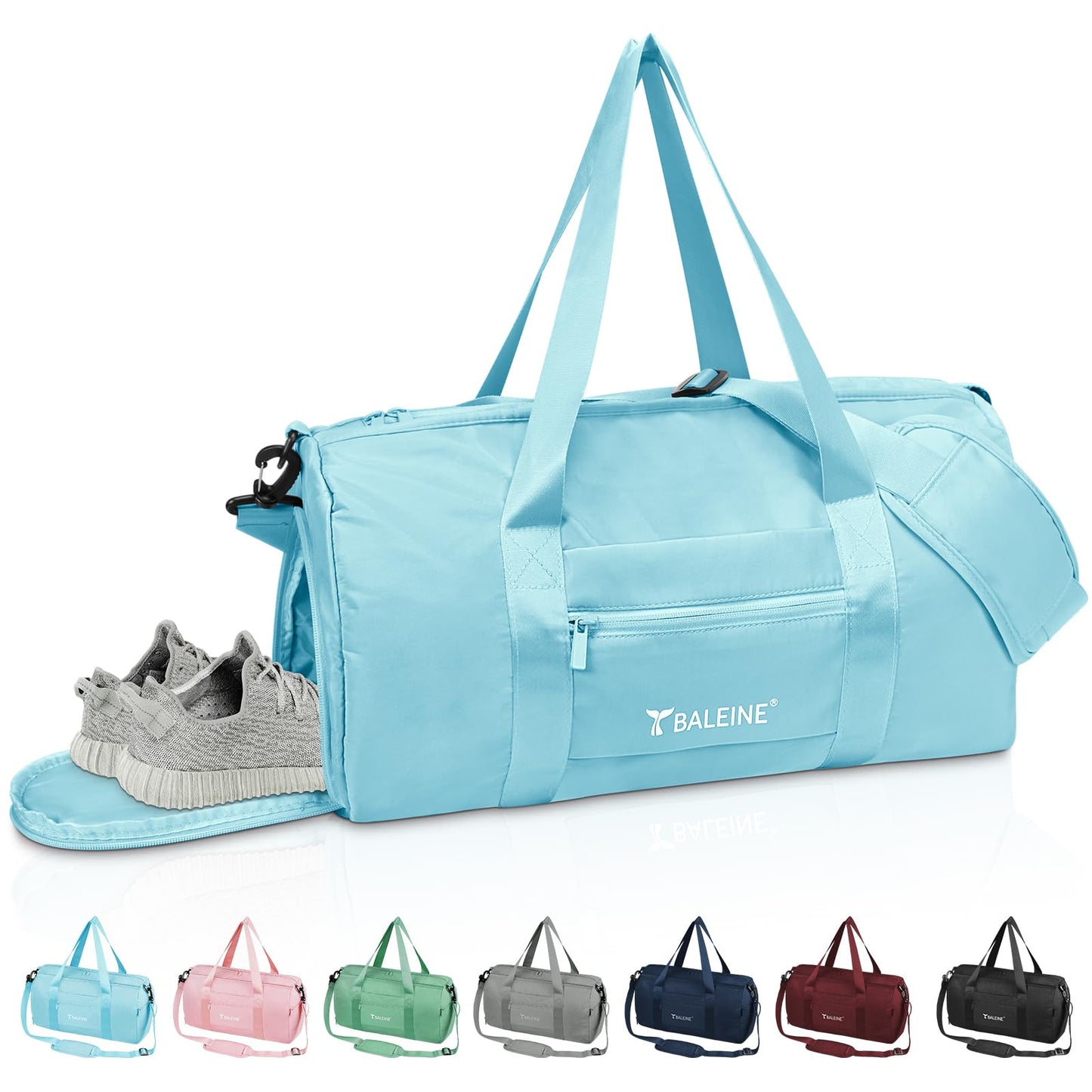 BALEINE Gym Bag for Women and Men, Duffel Bag for Sports, Gyms and Weekend Getaway, Waterproof Dufflebag with Shoe and Wet Clothes Compartments, Lightweight Carryon Gymbag (Azure)