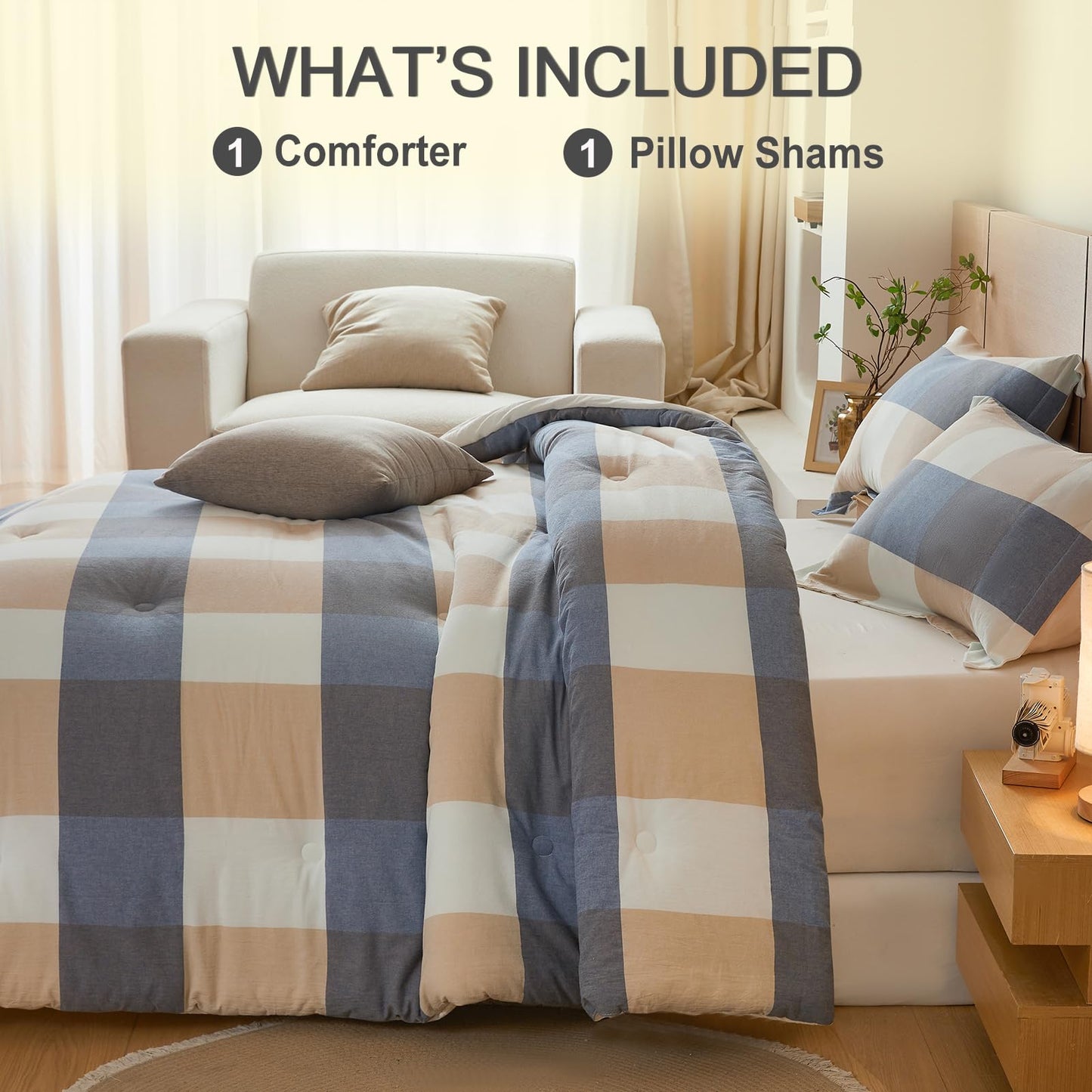 hadamick 100% Cotton Comforter Set Twin Size – Reversible Yarn-Dyed Checkered Design, Soft Washed Cotton on Both Sides, Lightweight All-Season Bedding, Machine Washable(Blue White Plaid, 68”x90”)