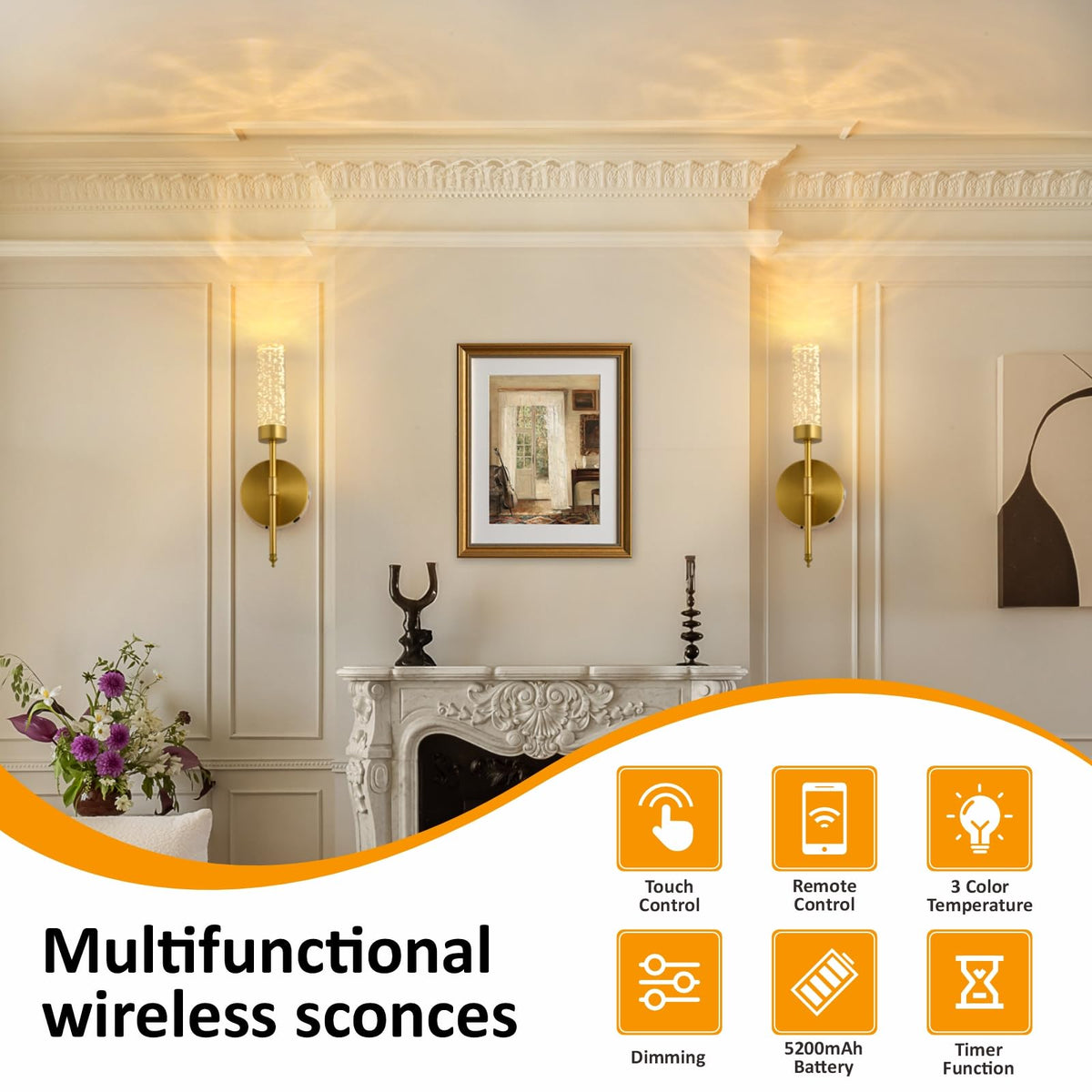 TPSHPTS LED Wireless Wall Sconce with Remote Control (Set of 2), USB Rechargeable Battery Operated Wall Lamps, 3 Colors Dimmable Wall Lights for Bedroom Hallway, Gold