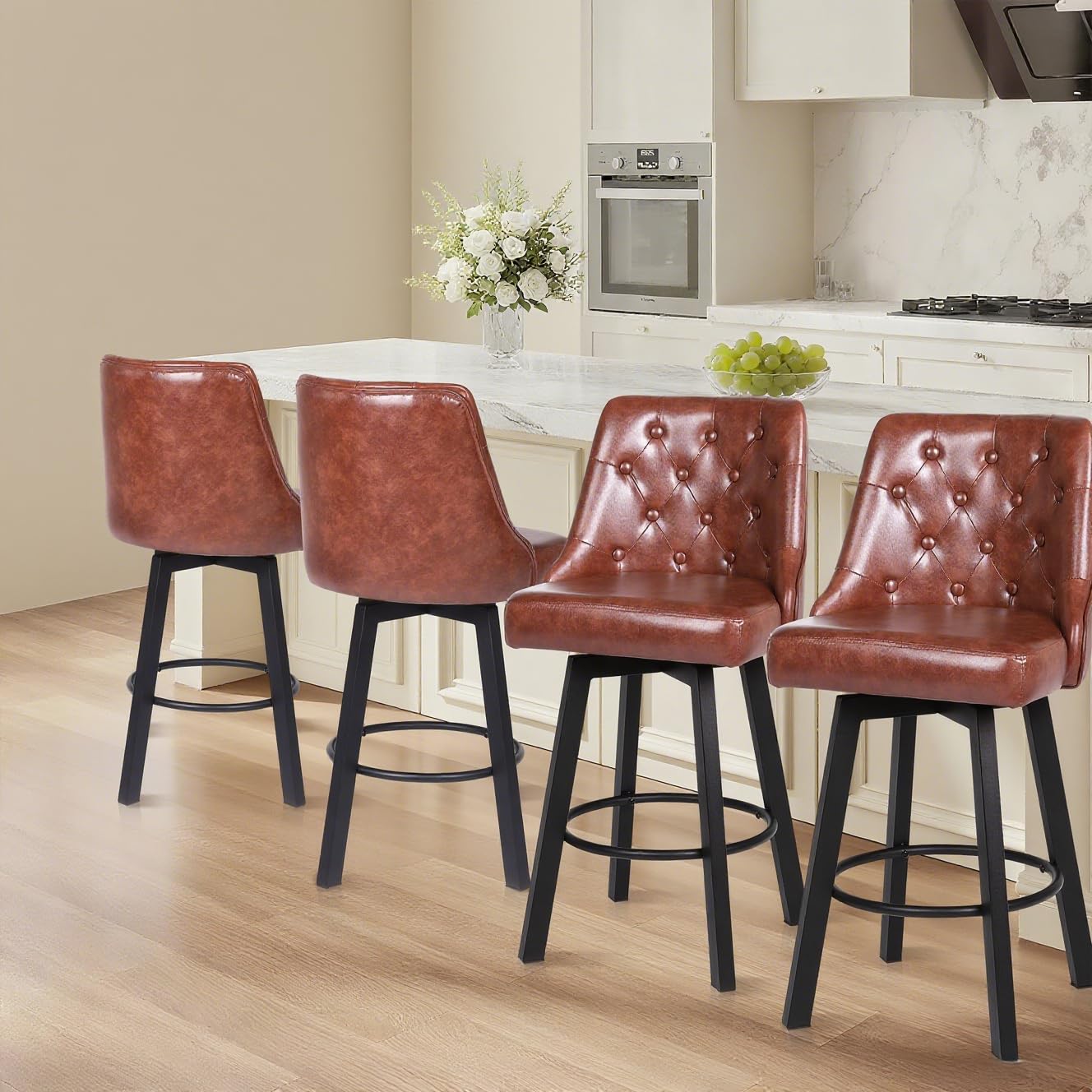 ralex-chair Swivel Counter Height Barstools Set of 4, 26’’H Modern Counter Stools with Metal Legs,Faux Leather Upholstered Bar Stools with Back for Kitchen Island, Dining Room, Pub - Brown