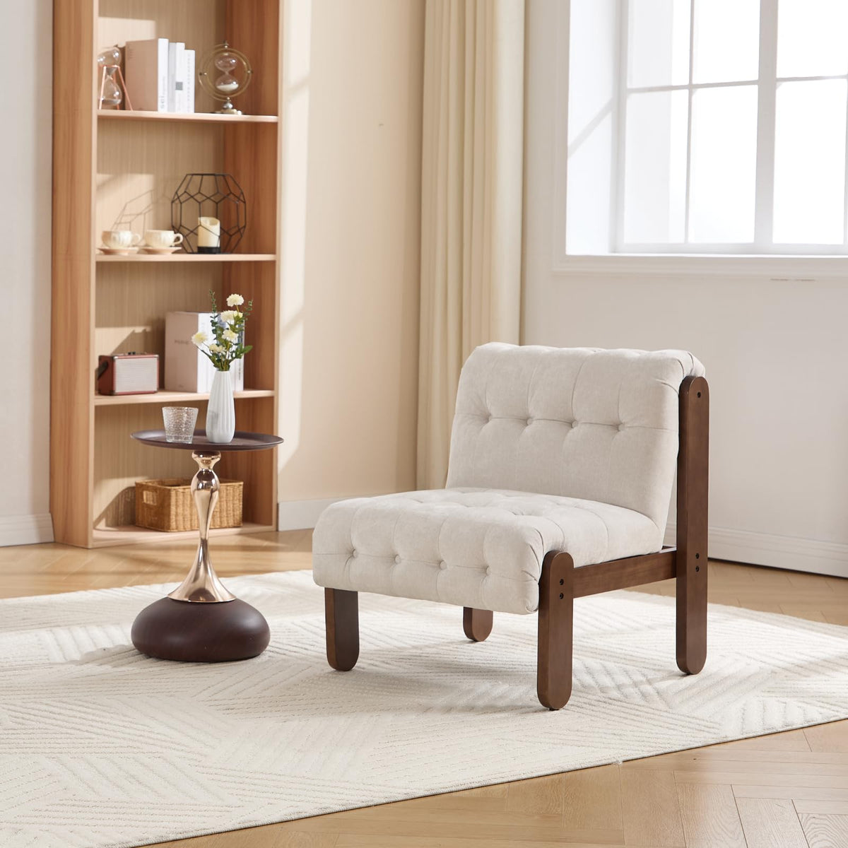 HEAH-YO Living Room Accent Chair Set of 1,Modern Armless Chair for Bedroom with Button Tufted Back and Wood Legs,Upholstered Comfy Reading Chair for Makeup Vanity Office Cafe,Chenille Beige