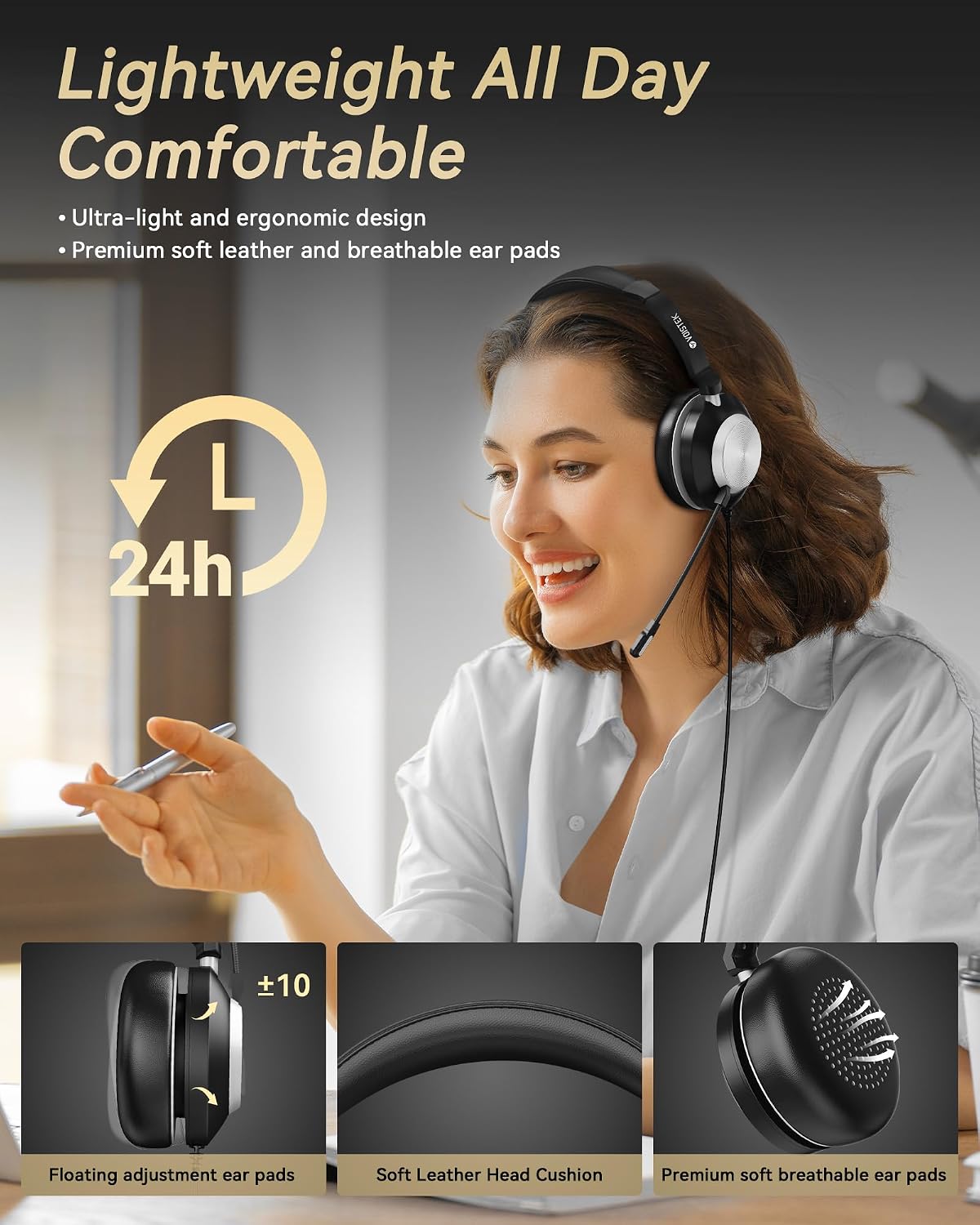 Voistek USB Headset with Microphone for PC & Laptop, On-Ear Computer Headset with Microphone Noise Canceling, Mute & Volume Controls for Zoom, Teams, Online Meetings, Remote Work, Home Office