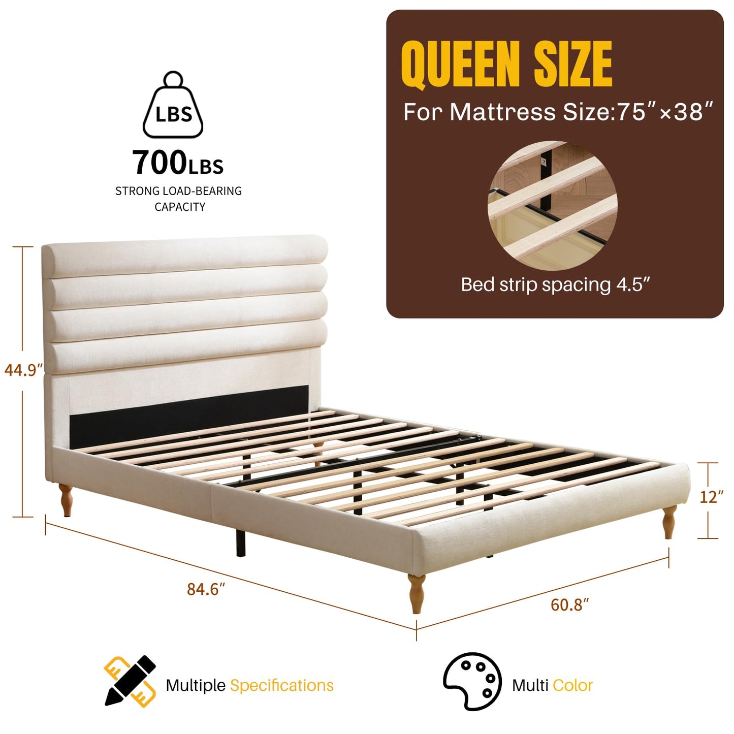 PINJU Queen Size Upholstered Bed Frame with Roundwood Stacked Headboard, Solid Wood Feet, No Noise, Wooden Slat Support, No Spring Mattress Required, Easy to Assemble（White, Queen）