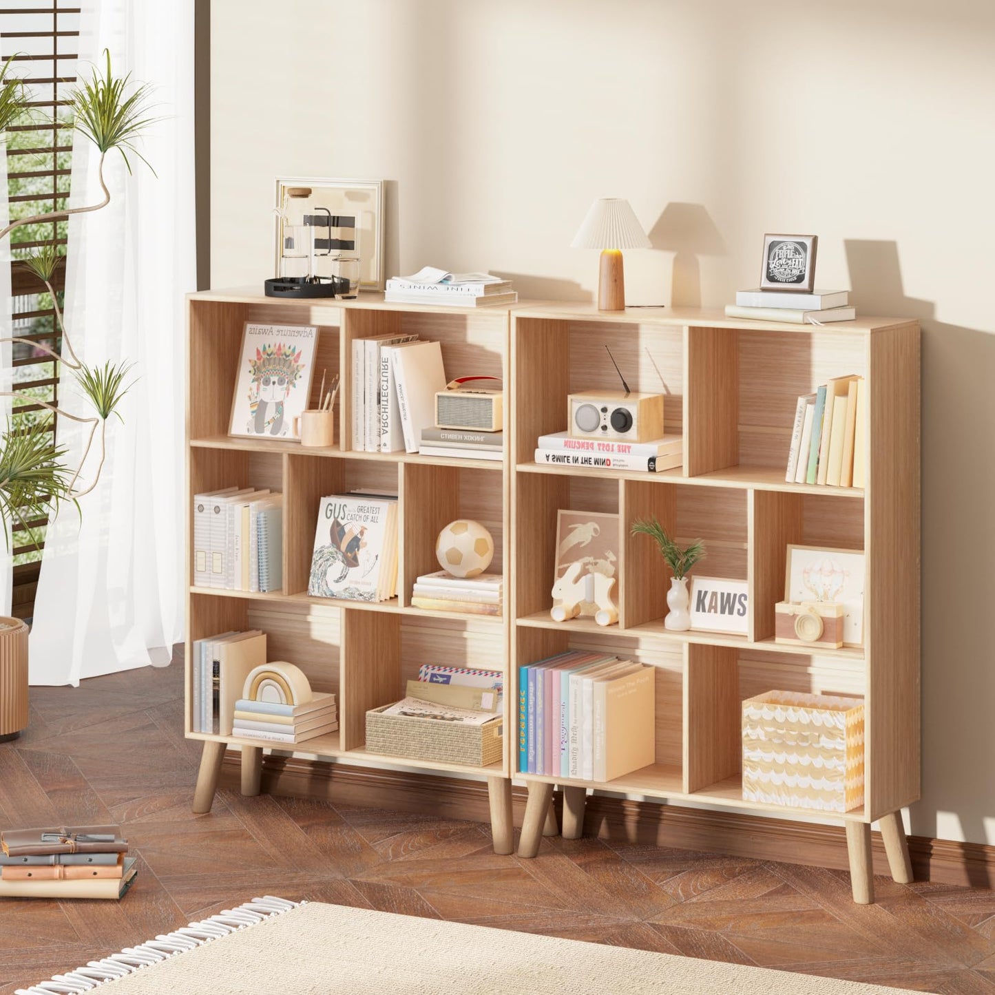 LEYAOYAO 7 Cube Bookshelf, 3 Tier Modern Bookcase with Legs, Mid-Century Modern Wood Book Shelves Storage, Boho Natural Book Case, Freestanding Organizer Display Shelf for Bedroom,Living Room,Office