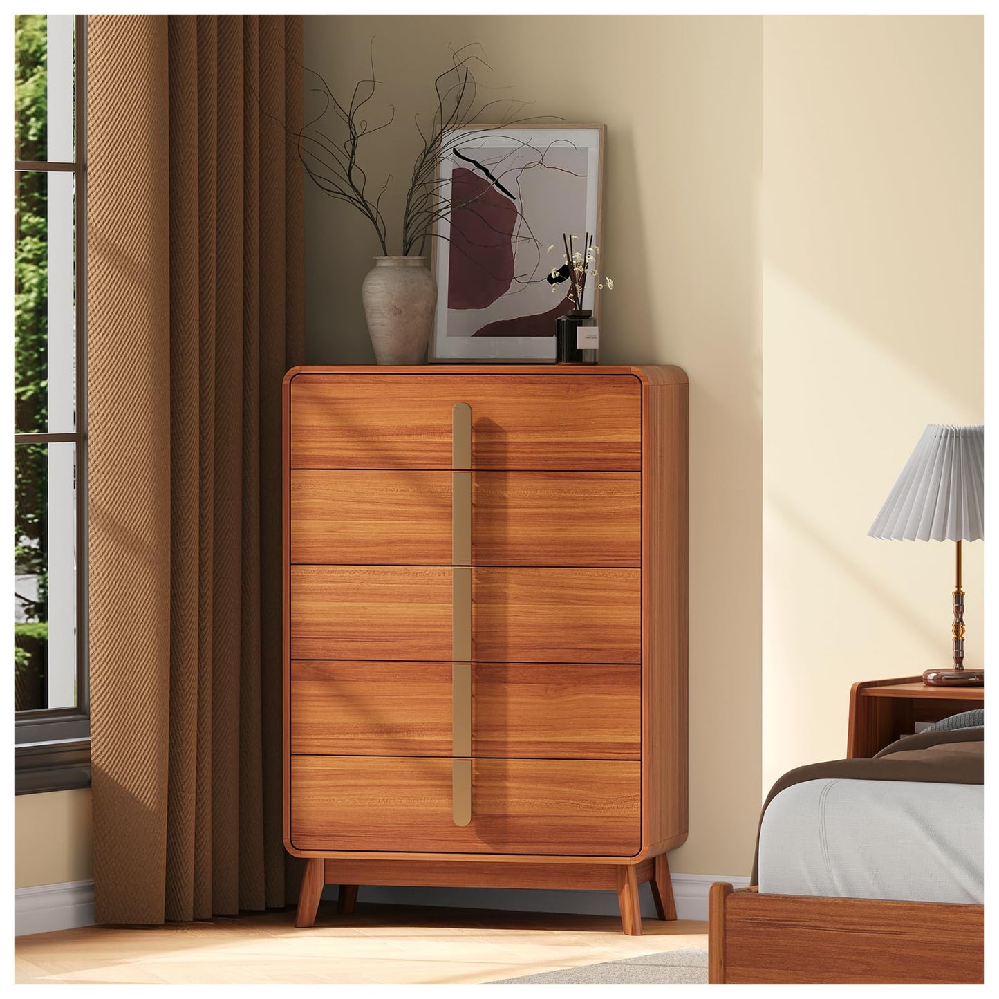 JOINICE,5 Drawer Dresser,Mid Century Modern Dresser with Storage,Tall Modern Chest of Drawers with Metal Handles,Large Wood Drawer Organizer for Bedroom,Living Room,Hallway,Cherry
