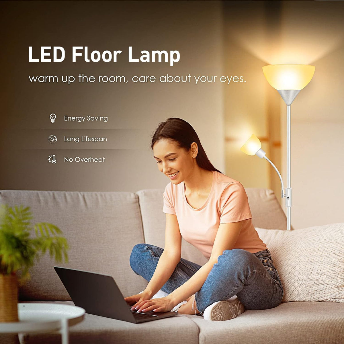 Torchiere Floor Lamps for Living Room, Standing Lamp, 71" Tall Pole Lamps with Adjustable Reading Light, 3-Way Rotary Switch, Plastic Shade, Bright Torch Corner Lamp for Bedroom, White(E26, No Bulb)