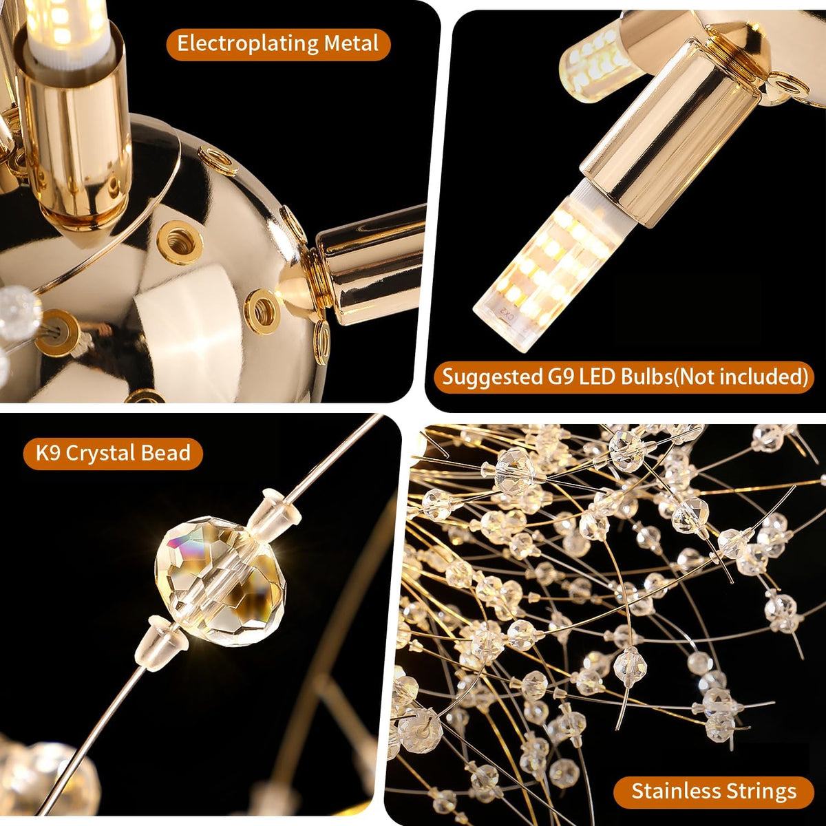 Gold Crystal Chandelier 22 Inch Modern Ceiling Light, Dandelion Firework Semi Flush Mount Pendant with G9 Socket, 12-Light Adjustable Hanging Chandelier for Dining Room Living Room Kitchen Foyer