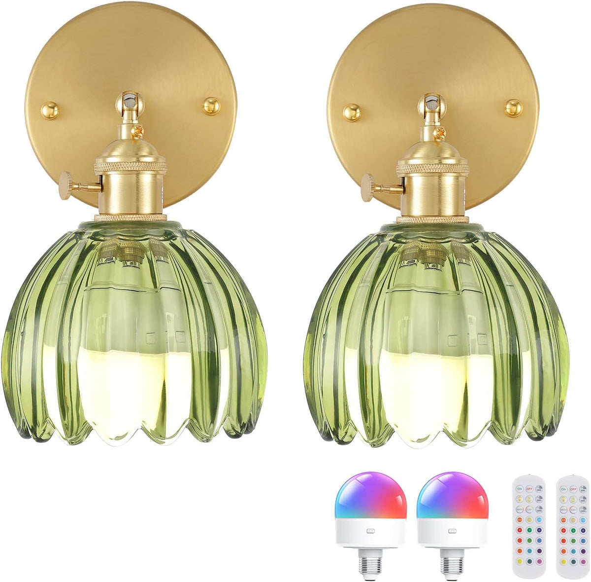 Shenmoyl Vintage Battery Operated Wall Sconce with Green Tulip Glass Lampshade 5000 mAh Rechargeable Battery Powered Wall Light with Remote Control for Bedside Bedroom Doorway, Set of 2