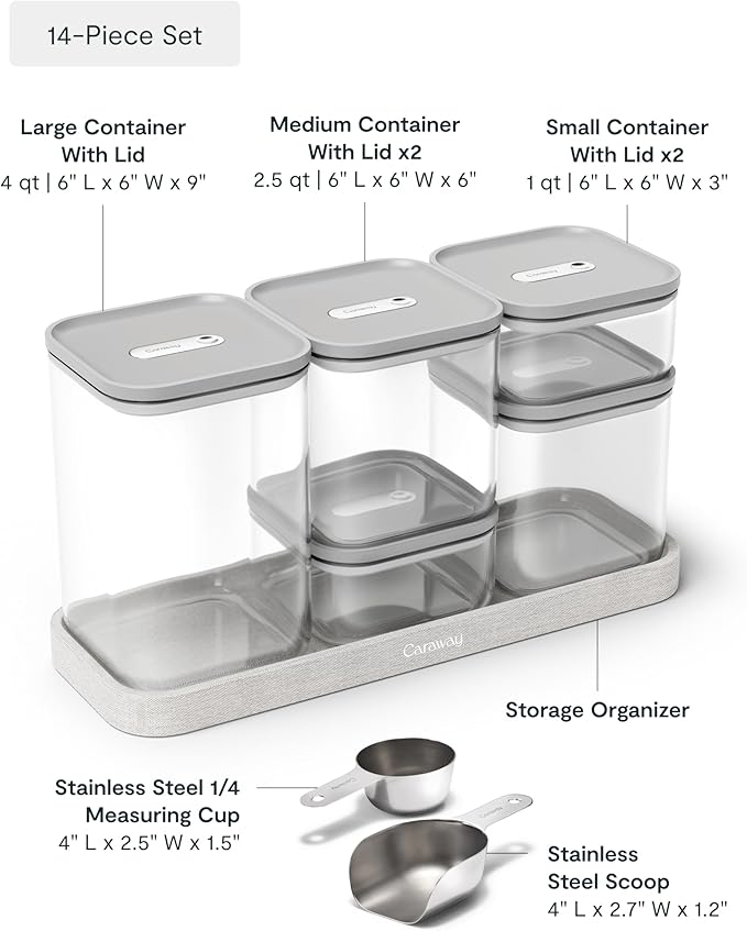 Caraway 14-Piece Glass Airtight Food Storage Containers with Lids – Non-Toxic, BPA-Free Kitchen Storage Containers – Stackable, Space-Saving Airtight Containers for Dry Goods and More - Gray