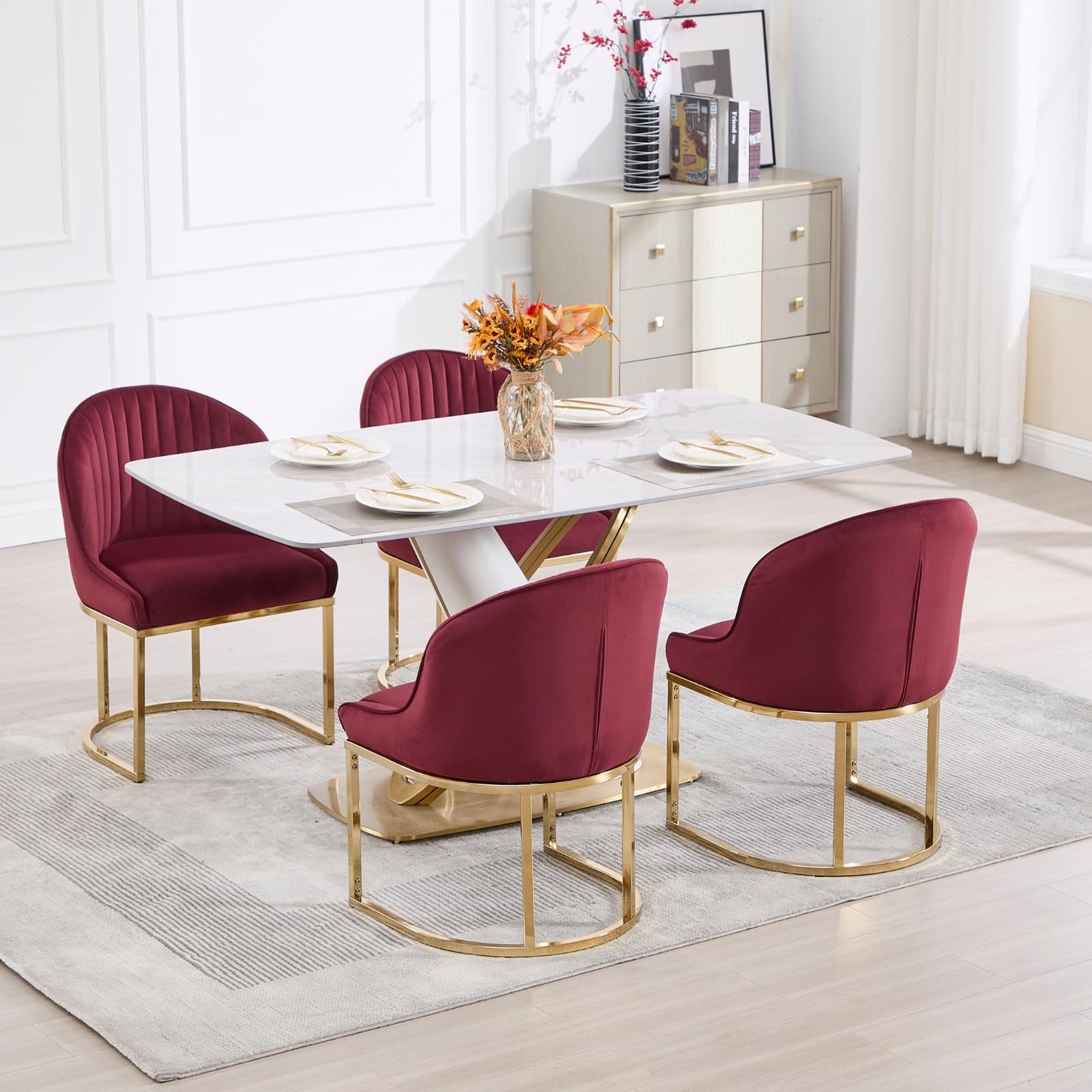 ChicAura Velvet Dining Chairs Set of 4, Modern Barrel Dinning Room Chairs with Golden Frame Upholstered Kitchen Chair Armless Accent Side Chair for Living Room/Kitchen/Dining Room/Hotel, Red