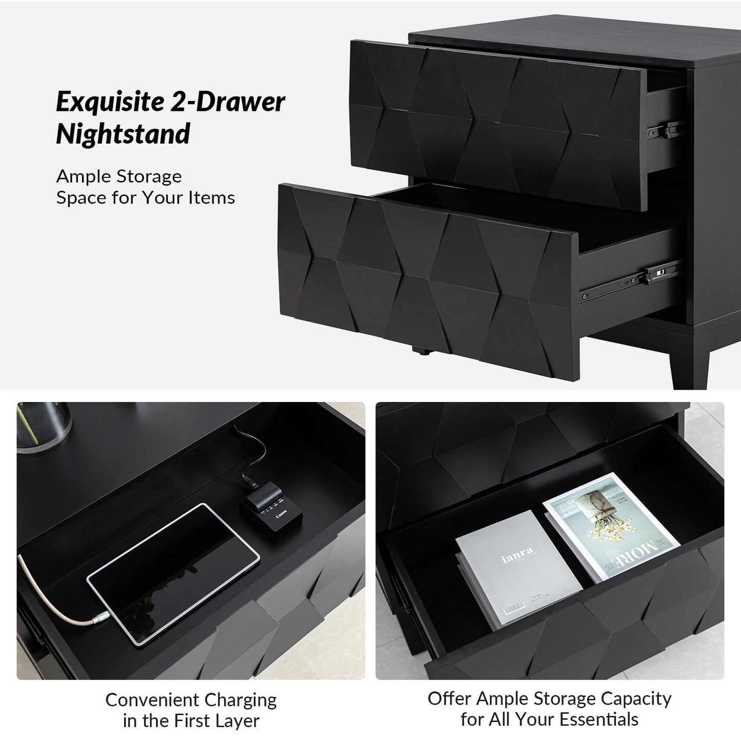 HULALA HOME Wood Nightstand with Charging Station 2 Drawer Dresser with Wooden Legs Mid Century Modern Bedside French Style End Table for Bedroom, Black