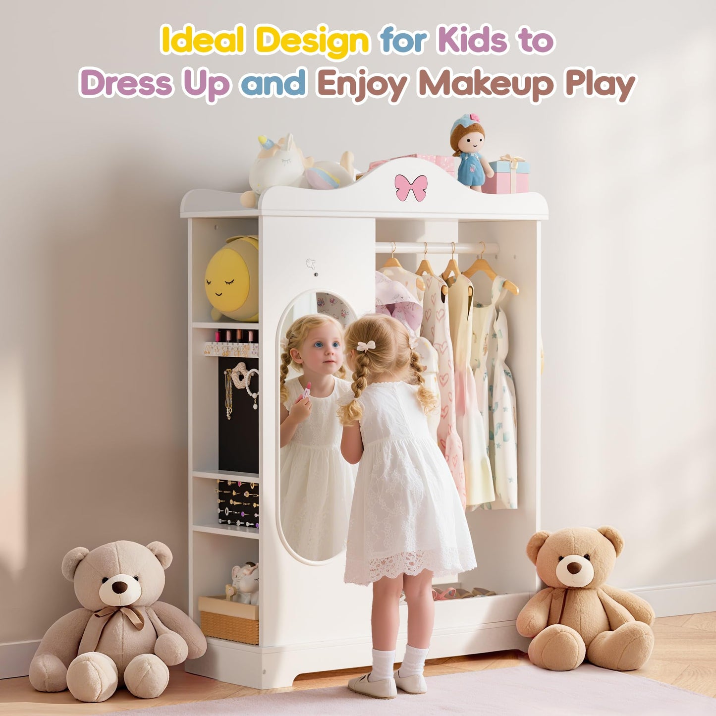 Callales Kids Armoire with Jewelry Cabinet, Kids Dress Up Storage with Shelves, Girls Wardrode Costume Organizer with Full Length Mirror, Children Closet with Armoire for Bedroom, Kids Room, Girls