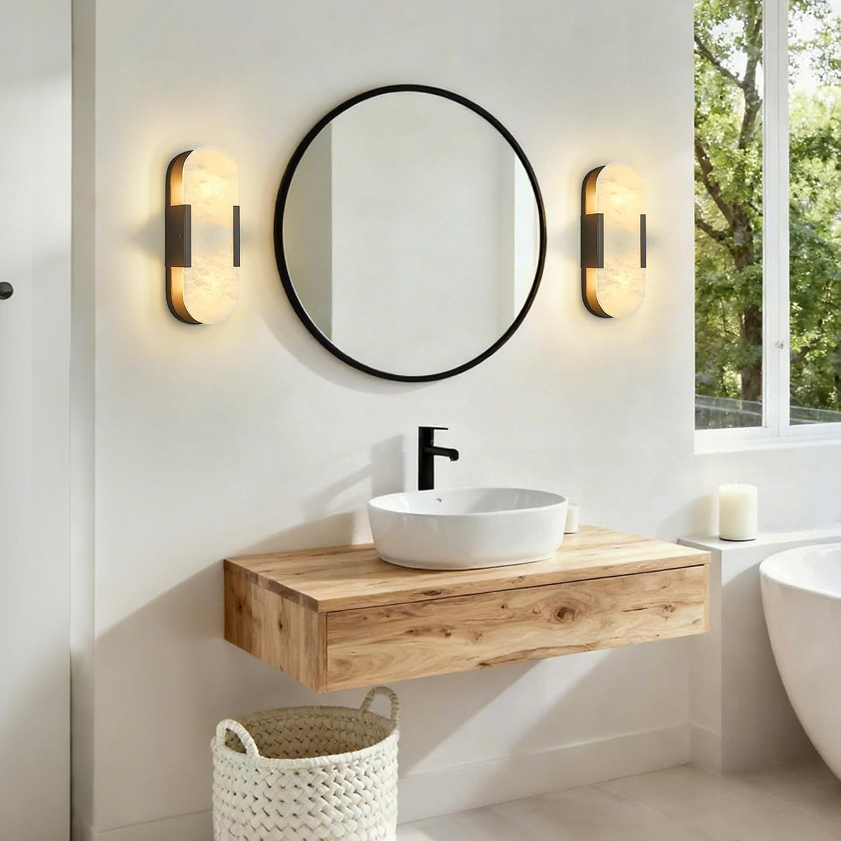 Natural Alabaster Wall Sconces Set of Two, Modern Marble Black Wall Sconce 14 inch Indoor Wall Lighting for Bedroom Bathroom Living Room Stairs