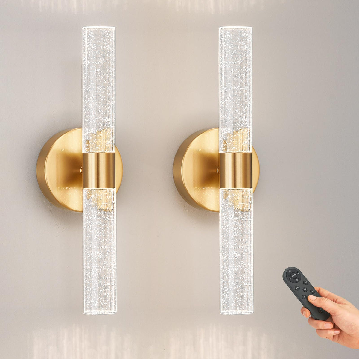 Gold Battery Operated Wall Sconce Set of 2, 3000-6000K LED Dimmable Wireless Sconces Wall Lighting with Remote, 15.7" Crystal Rechargeable Cordless Wall Lights for Bedroom, Living Room, Hallway