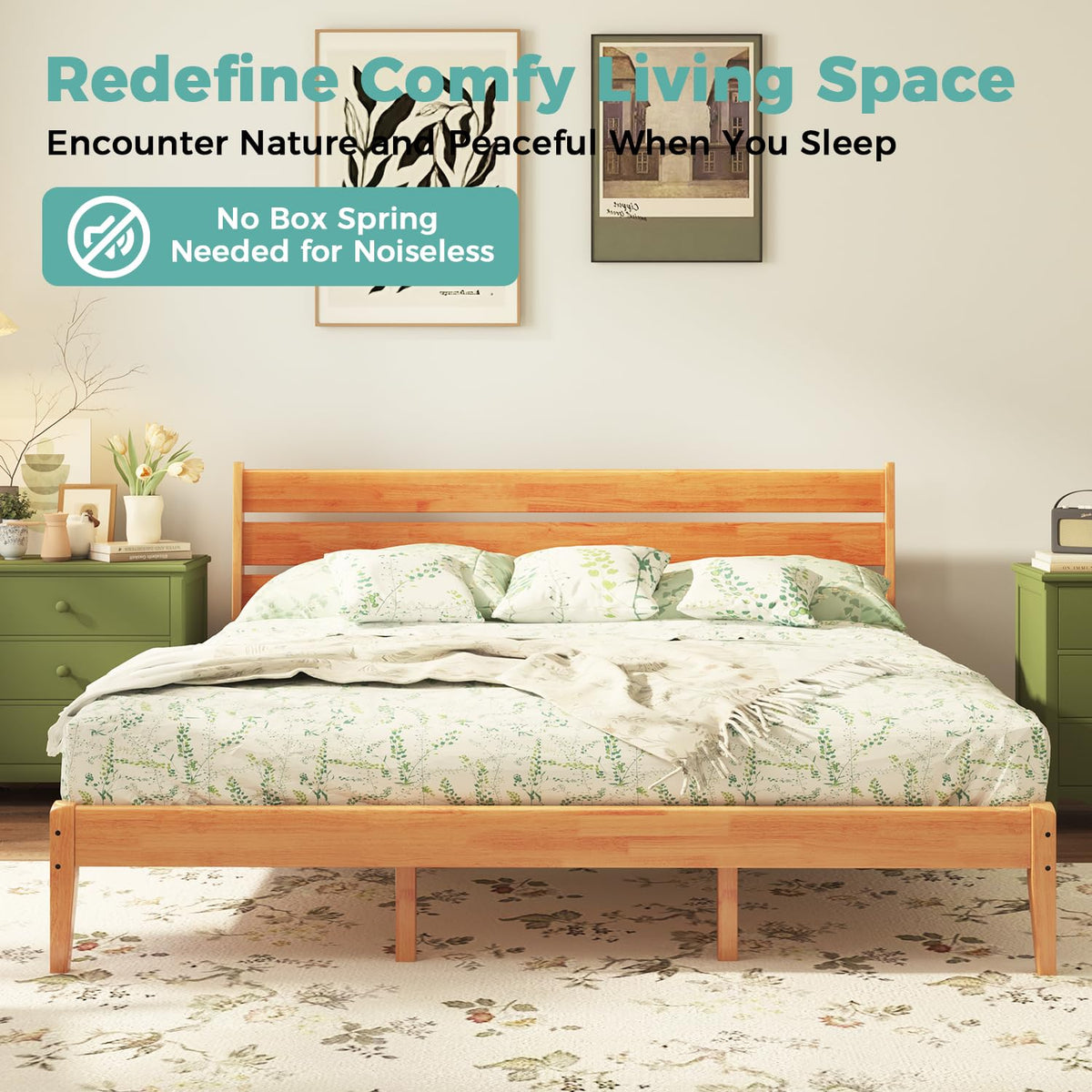 MORDEER Solid Wood King Size Bed Frame with Ladder Headboard, Malaysian Oak Platform Bed Frame, Modern Bedframe with Wooden Slats, No Box Spring Needed, Easy Assembly, King Size, Rustic Pine