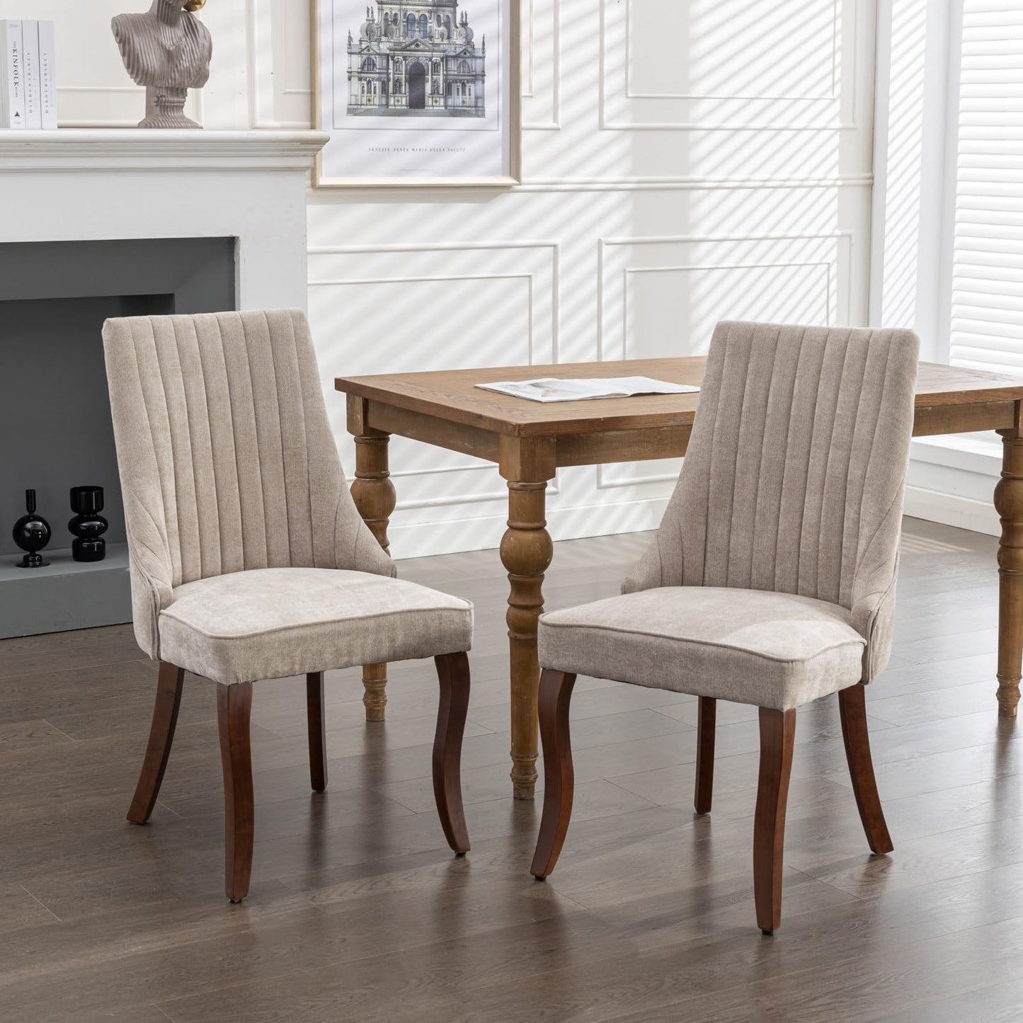 LKTART Upholstered Dining Chairs Set of 6, Solid Wood Kitchen Dining Room Chairs with Thicken Padded and Nailhead Trim for Home Kitchen Bedroom Beige