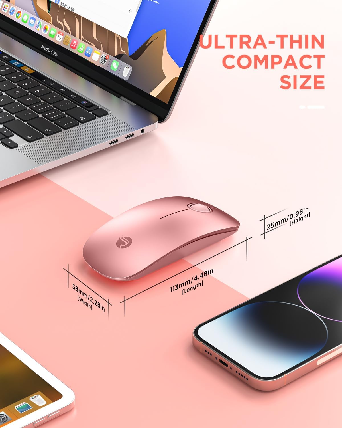RAPIQUE Bluetooth Wireless Mouse, BT5.1+2.4G Slim Dual Mode, Rose Gold