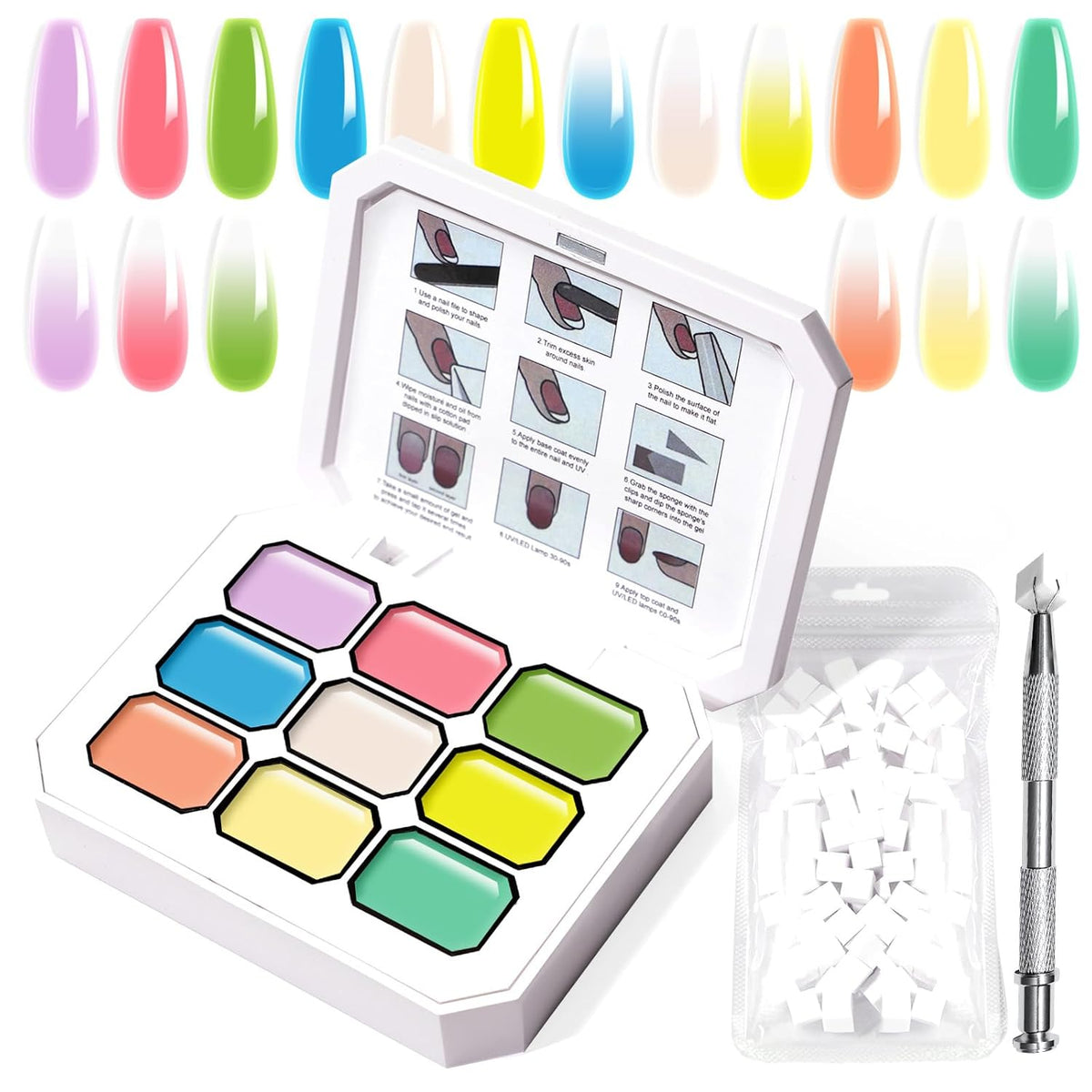 Gradient Painting Gel,9 Bright Spring Summer Colors Ombre 3D Sculpture Gel Painting Effect for Pigment Pat French Manicure Soak of UV Home Salon Easter Eggs Set