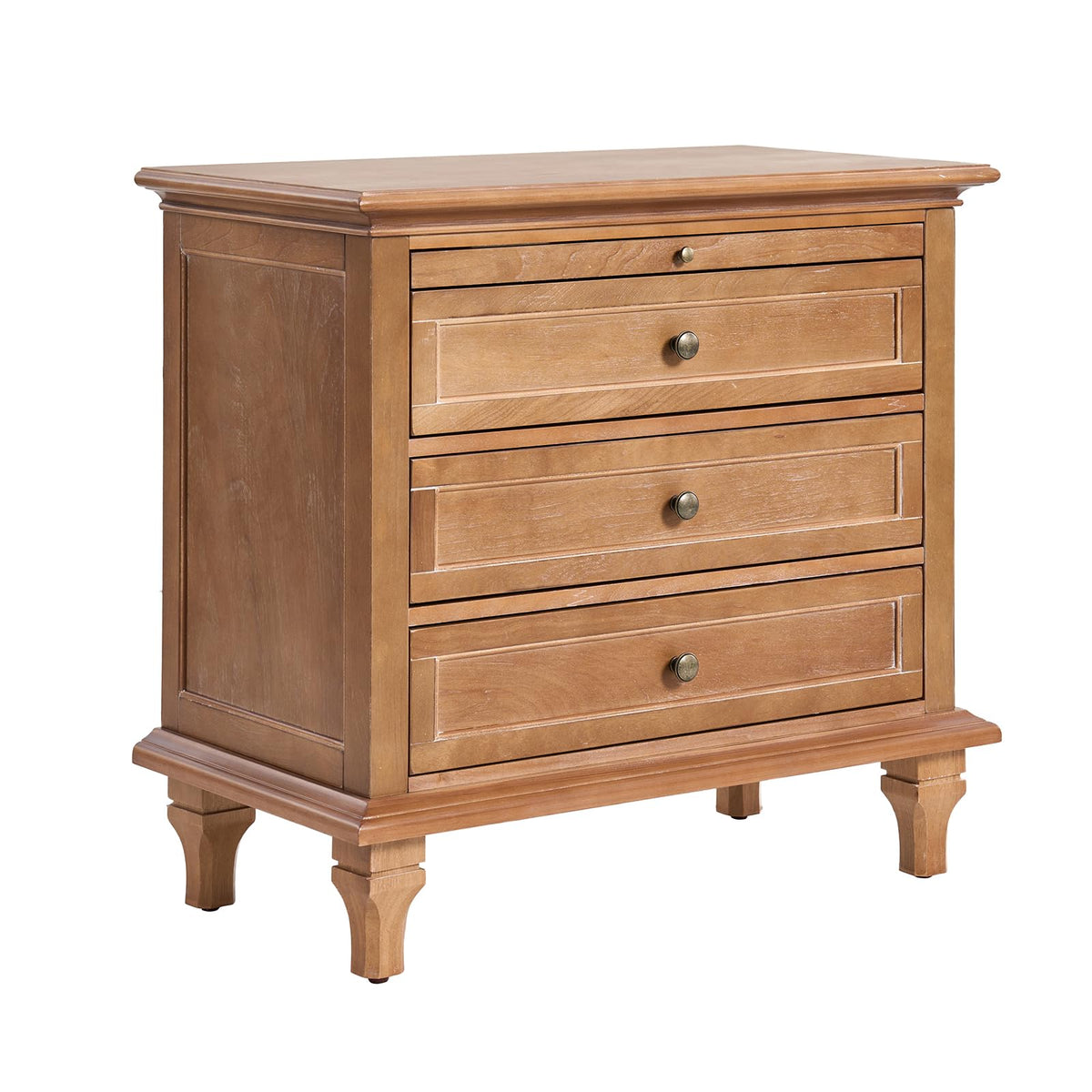 HULALA HOME Farmhouse 3 Drawer Nightstand with Tray, Drawer Organizer with Solid Wood Legs, Nightstand with Charging Station,Acorn