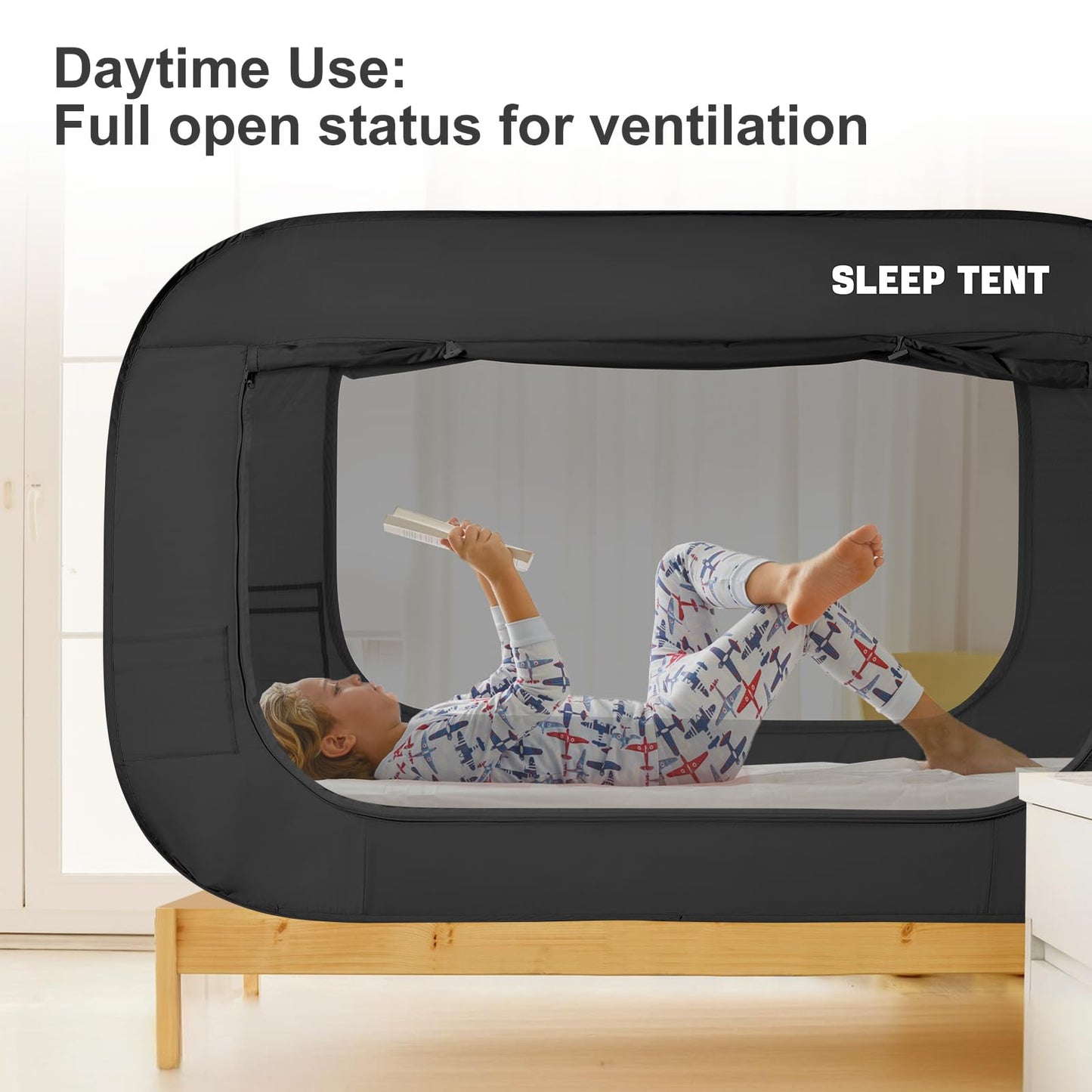 BORNA Bed Canopy Bed Tent Dream Tents Autism Shelter Cabin Indoor Sleeping Tents Privacy Warm Breathable Pop Up Twin Size Double Door with Mosquito Mesh Window for Kids and Adult (Black)