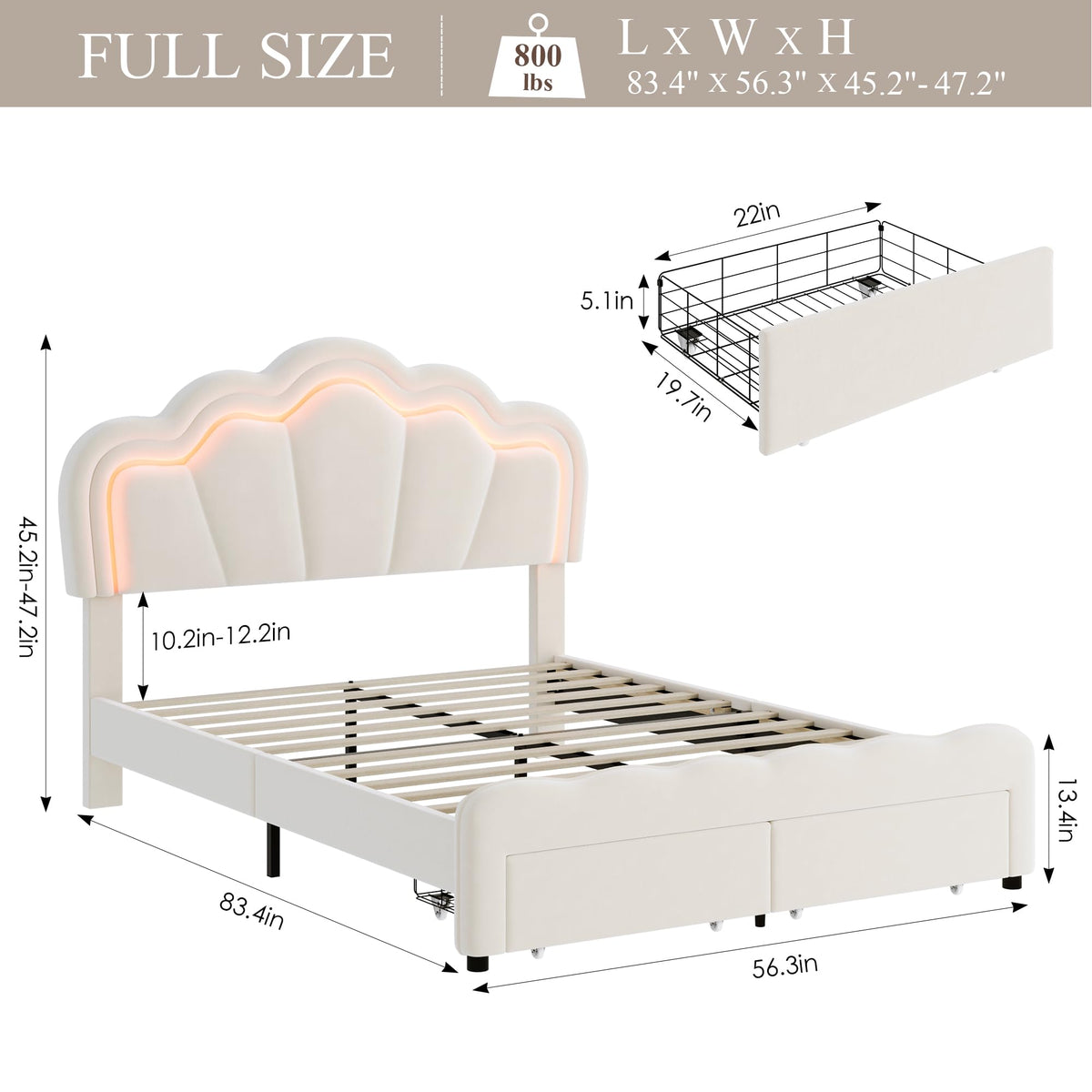 HOSTACK Full Upholstered LED Bed Frame with Storage Drawers, Cute Girls Bed with Adjustable Lotus Headboard, Velvet Princess Platform Bed Frame, Wooden Slats Support, No Box Spring Needed, Cream