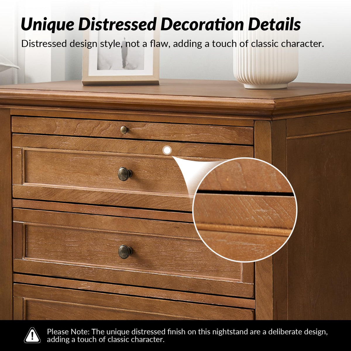 HULALA HOME Farmhouse 3 Drawer Nightstand with Tray, Drawer Organizer with Solid Wood Legs, Nightstand with Charging Station,Acorn