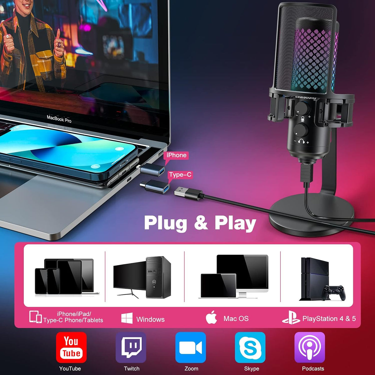 ZealSound USB Microphone for iPhone iPad Android & PC, All-Metal RGB Mic with Mute, Gain Knob, Real-Time Monitoring, Heavy-Duty Base & Detachable Pop Filter, for Podcasting Streaming Gaming TikTok
