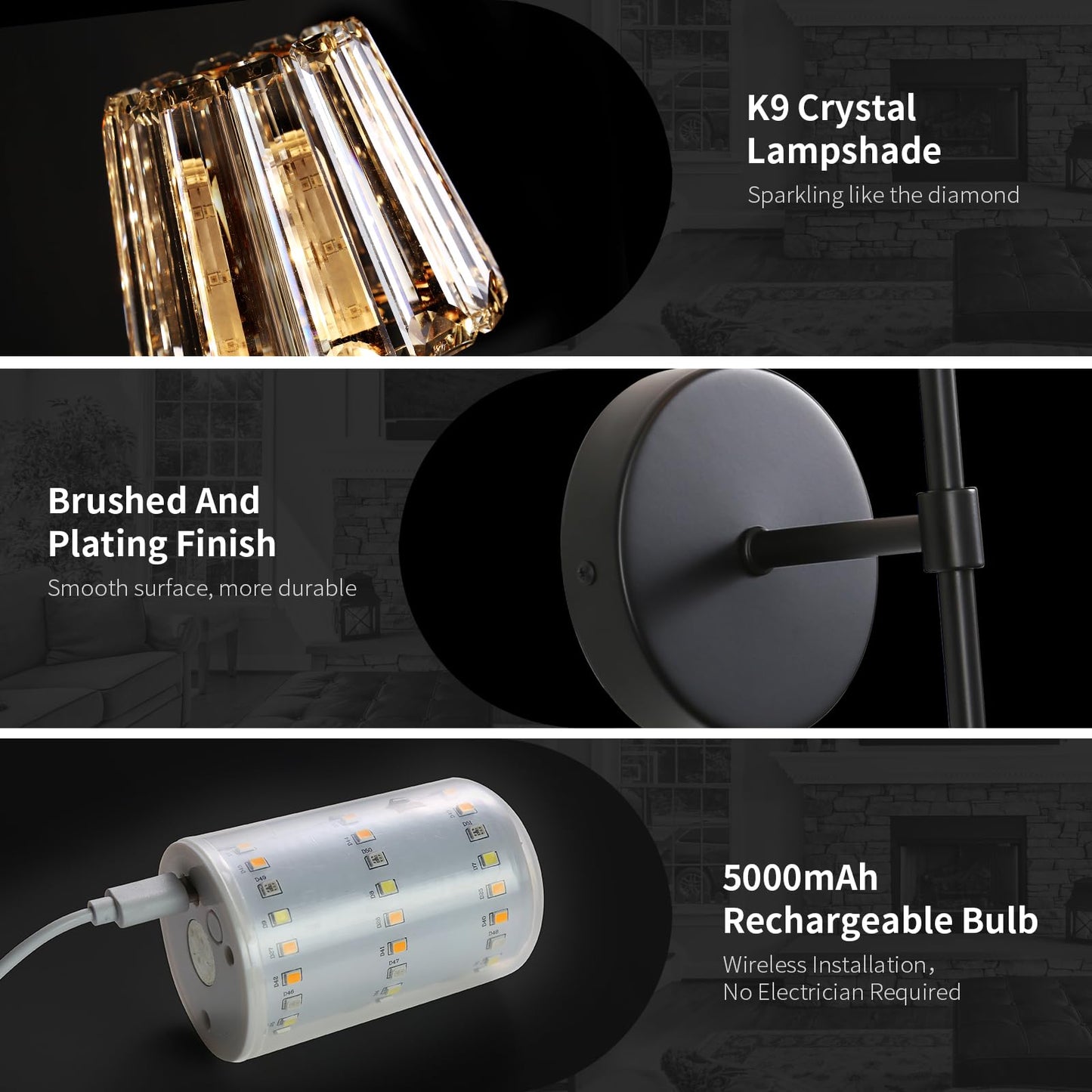Battery Operated Crystal Wall Sconce Set of 2, Black Rechargeable Wireless Wall Sconces with Remote Dimmable 12 Colors Modes Led Wall Lights, Wall Lamp for Bedroom Living Room Hallway 2 Bulbs Included
