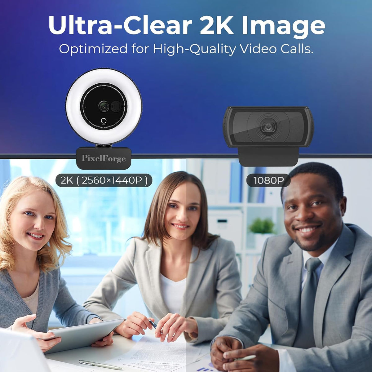 2K Webcam for PC with Microphone & Light & Privacy Cover