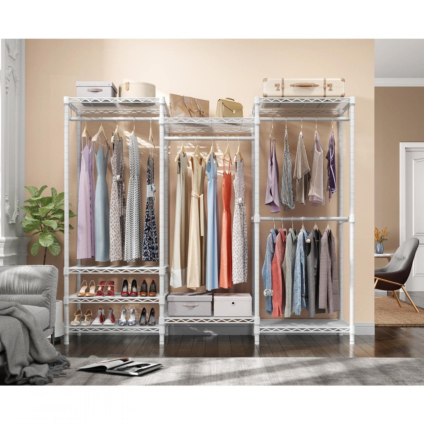 VIPEK V5 Portable Closet Wardrobe Heavy Duty Clothes Rack, Freestanding Clothing Racks with 4 Hang Rods & 8 Shelves, Adjustable Custom Closet Racks, 68.9" L x 15.7" W x 76.4" H, Max Load 800LBS, White