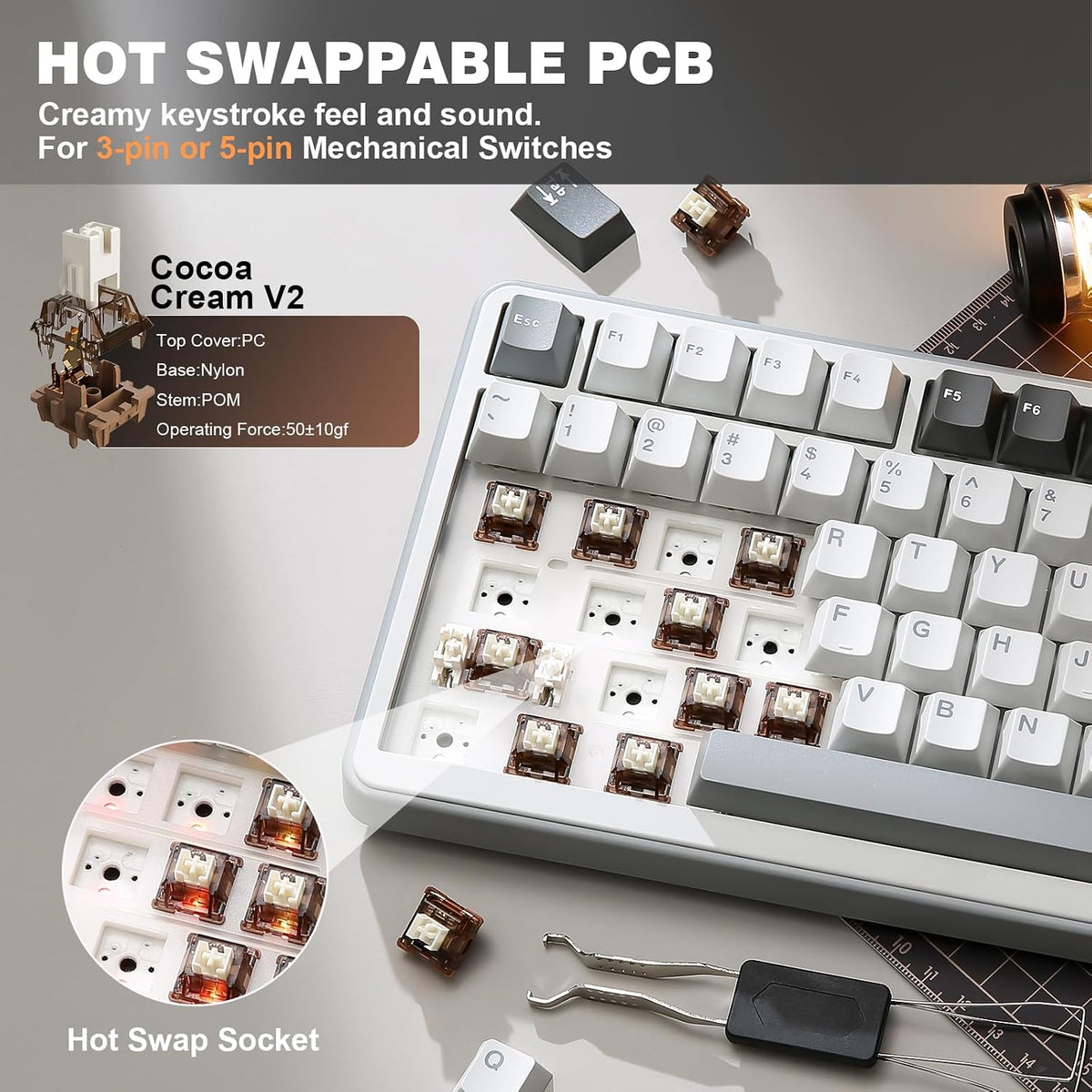 YUNZII B75 PRO 75% Wireless Mechanical Keyboard (Grey, Cocoa Cream V2)