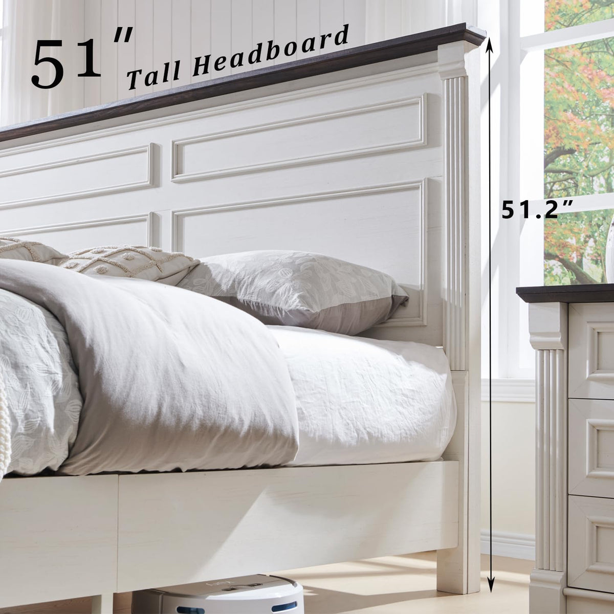 Aitjunz Farmhouse King Size Bed Frame with 51" Tall Headboard, Wood Platform Bed Frame with 20" Tall Roman Column Decoration Footboard & 3 Large Storage Drawers, No Box Spring Needed (White)