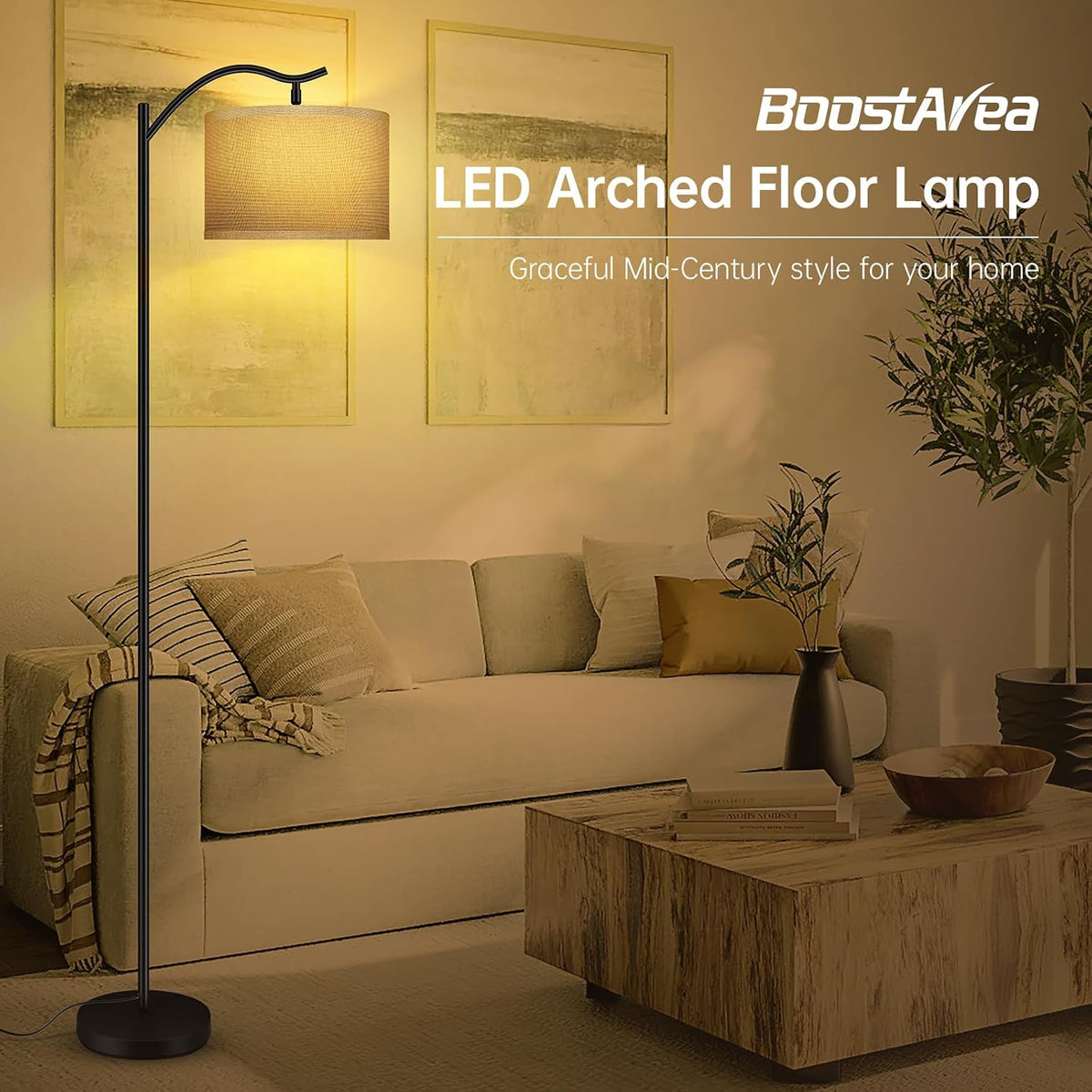 BoostArea LED Arched Floor Lamp with Fabric Linen Shade