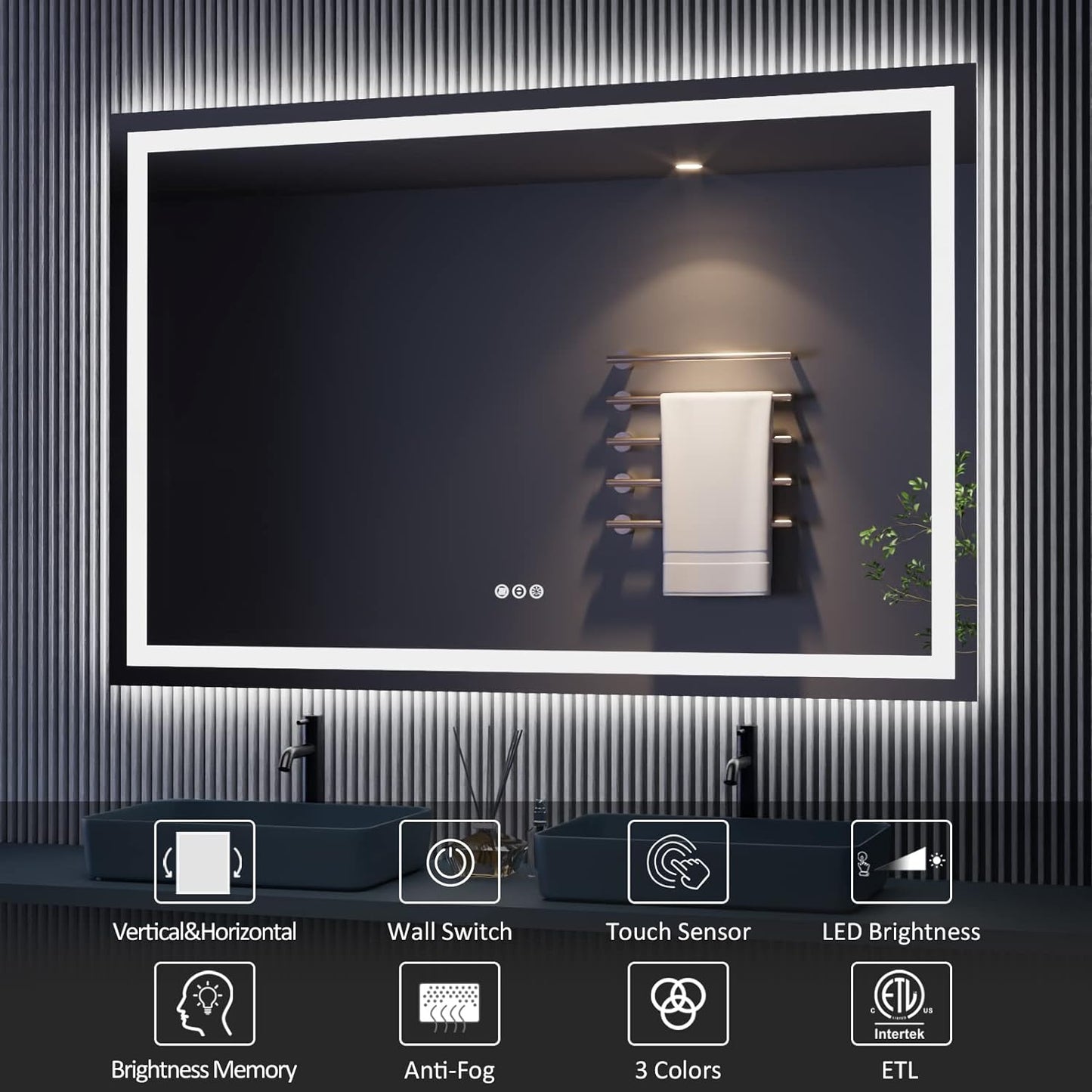 Amorho LED Bathroom Mirror 48"x 32" with Front and Backlight, Stepless Dimmable Wall Mirrors with Anti-Fog, Shatter-Proof, Memory, 3 Colors, Double LED Vanity Mirror