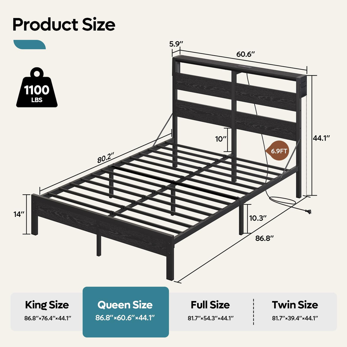 Bestier Queen Bed Frame with Headboard Storage and Charging Station, Black Platform Bed Frame with LED Light, Non-Slip Metal Bed Frame Queen Size, Noise-Free, Easy Assembly, Black