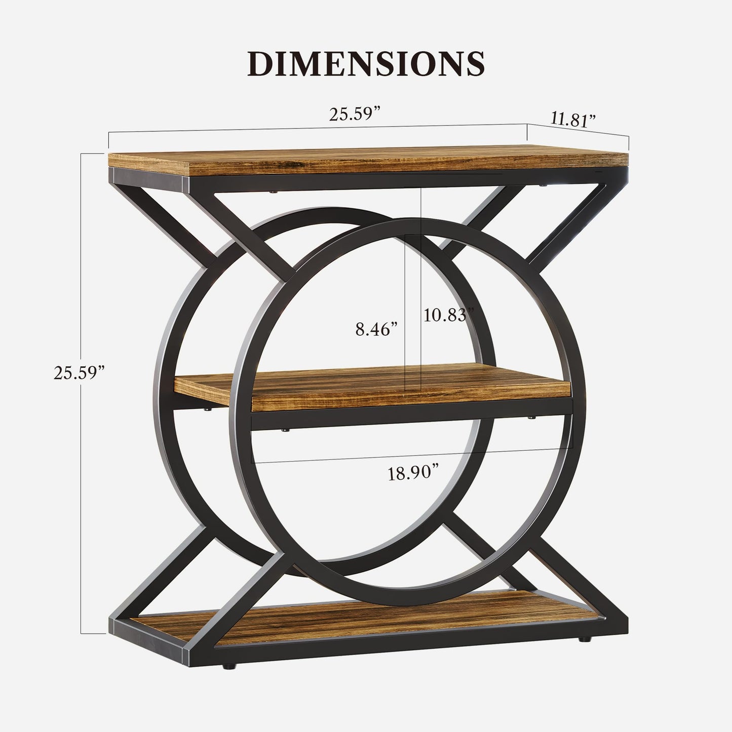 LIKEMET End Table, 3-Tier Small Table with Storage, Narrow Sofa Side Table with Geometric Metal Frame, Industrial Nightstand for Living Room, Bedroom, Rustic Brown and Black