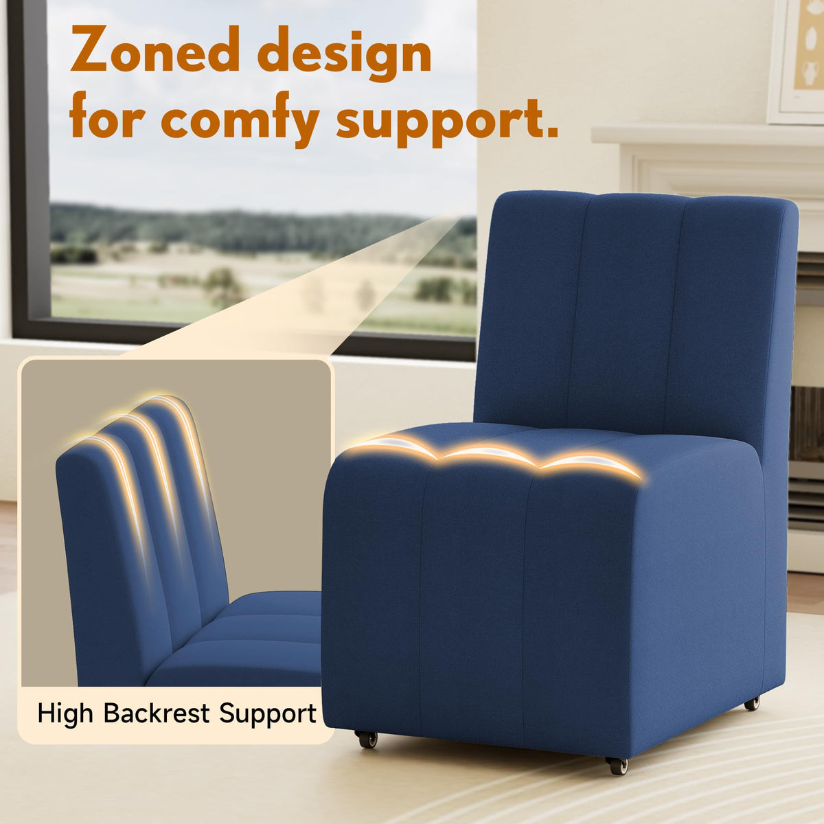 Upholstered Dining Chairs Set of 2, Modern Rolling Dining Chairs with Casters,Armless Swivel Chair,Linen Side Chair for Kitchen,Dining Room, Bedroom,Reading Room,Dressing Room,Living Room (Blue)