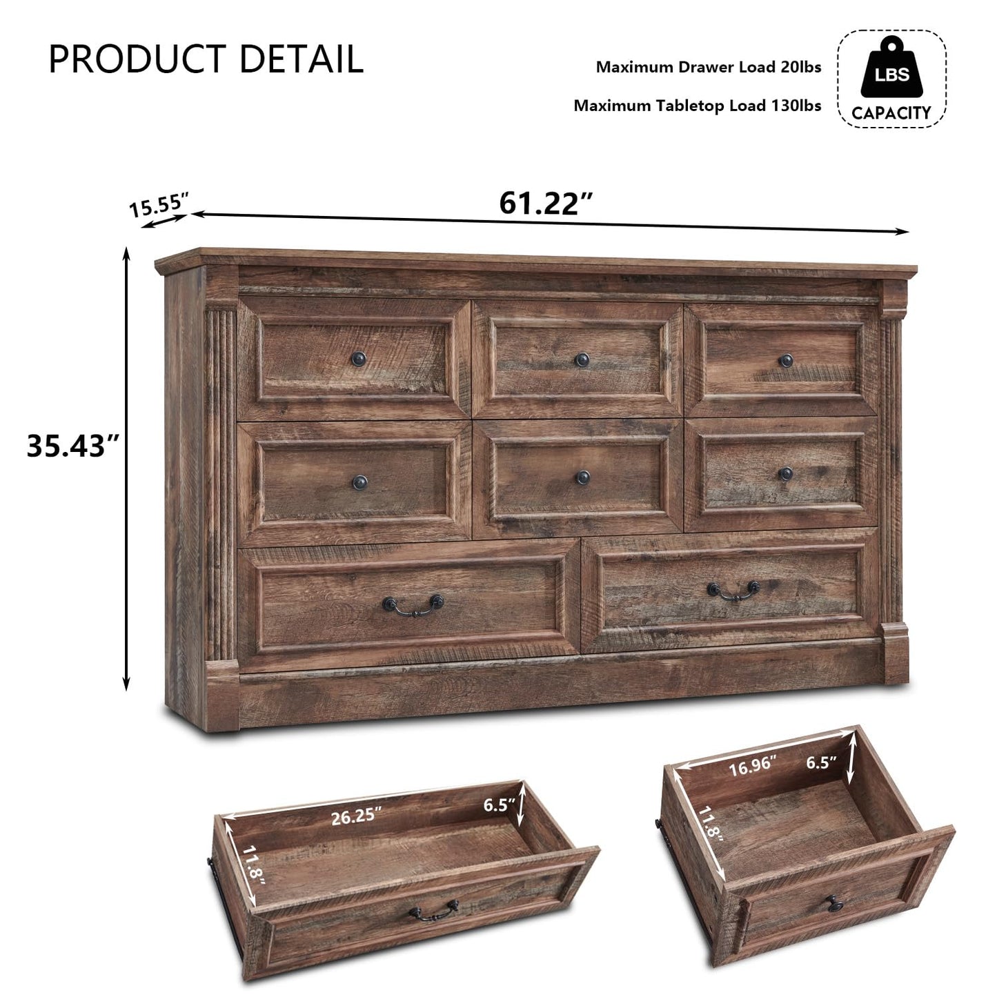 Aitjunz 8 Drawers Dresser for Bedroom, Farmhouse 61" Wide Dressers & Chests of Drawers w/Roman Column, Large Storage Dressers Organizer w/Two Different Drawer Sizes for Bedroom,Living Room,Light Brown