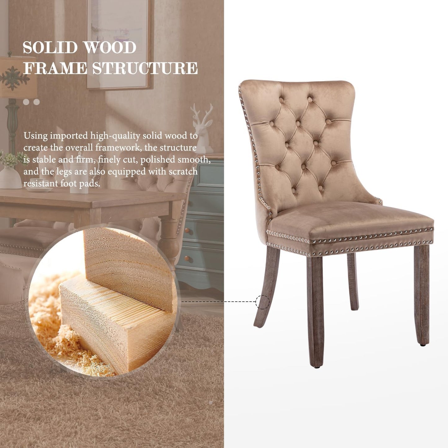 Eifizek Velvet Dining Chairs Set of 6, Tufted Dining Room Chairs with Nailhead Ring Pull Trim, Upholstered Dining Chairs with Solid Wood Legs for Kitchen Dining Room (Khaki)