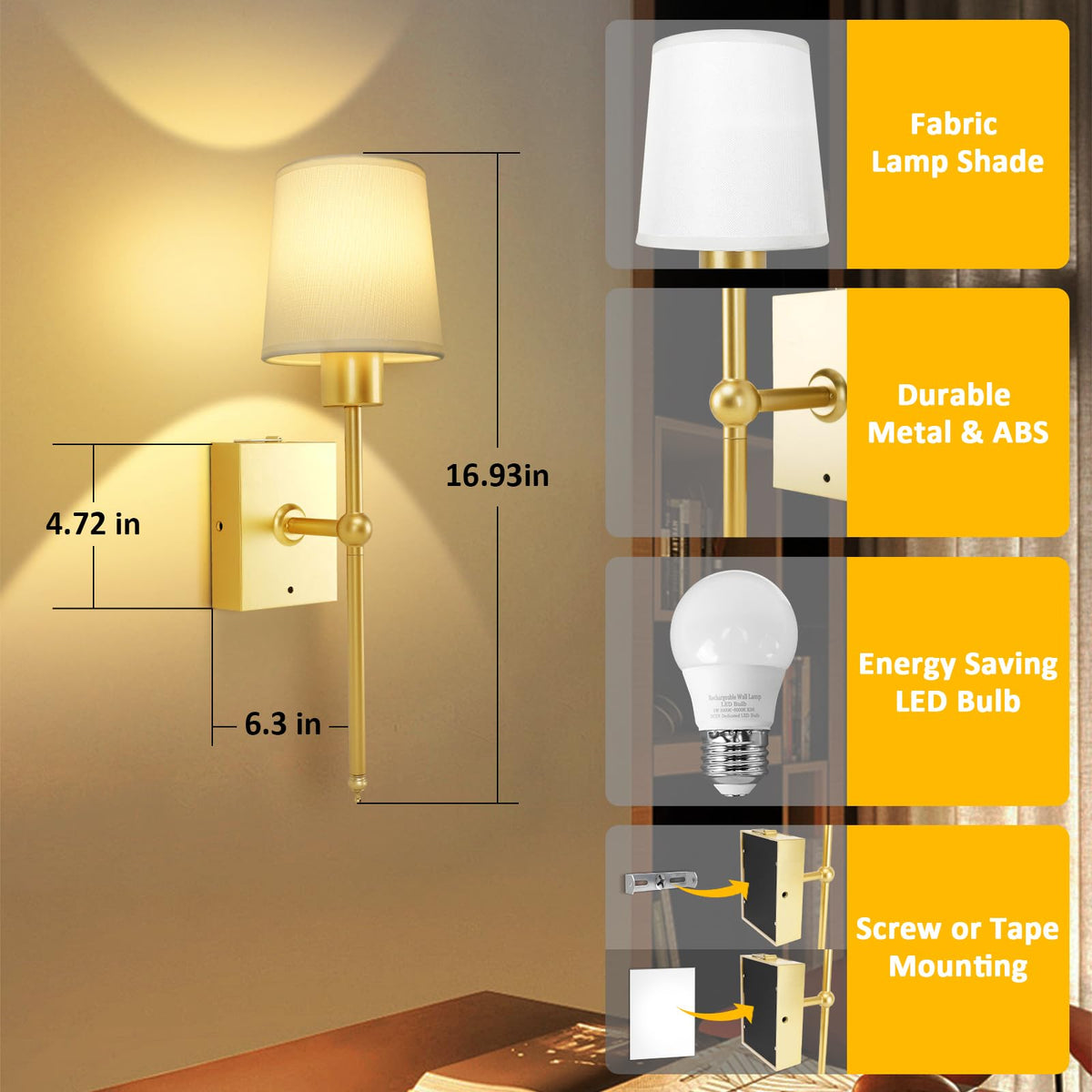 YINDUZ Battery Operated Wall Sconces Set of 2 - Gold Rechargeable Wall Lights with Remote Control, 4CCT and 5 Brightness Battery Powered Wall Sconces for Bedroom and Living Room